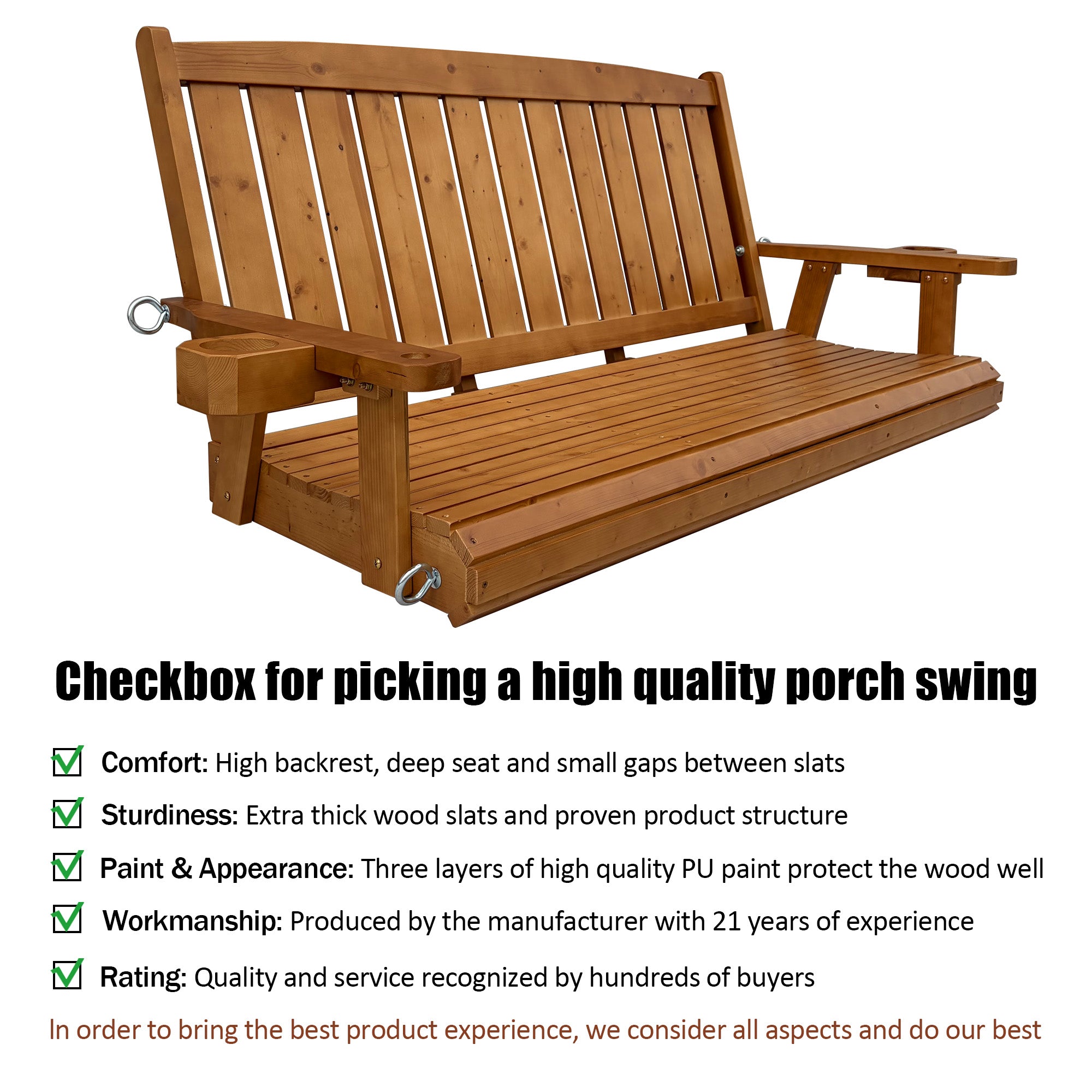 Wooden Porch Swing 3-Seater, Bench Swing with Cupholders, Heavy Duty 800 LBS, for Outdoor Patio Garden (Warm Teak Color, 5 FT Extra Large)