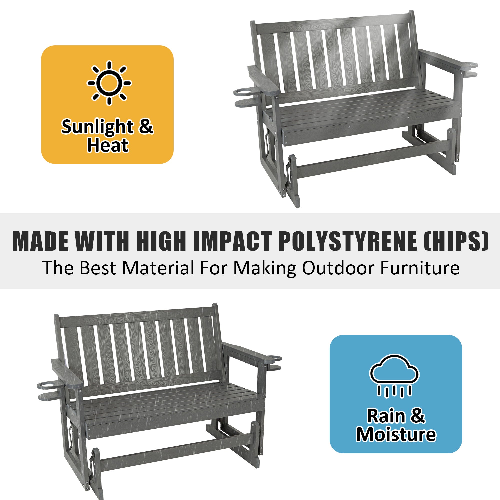 Poly Lumber Patio Glider, HIPS Material Weather-Resistant Swing Bench for Outdoor Porch Garden, Gray