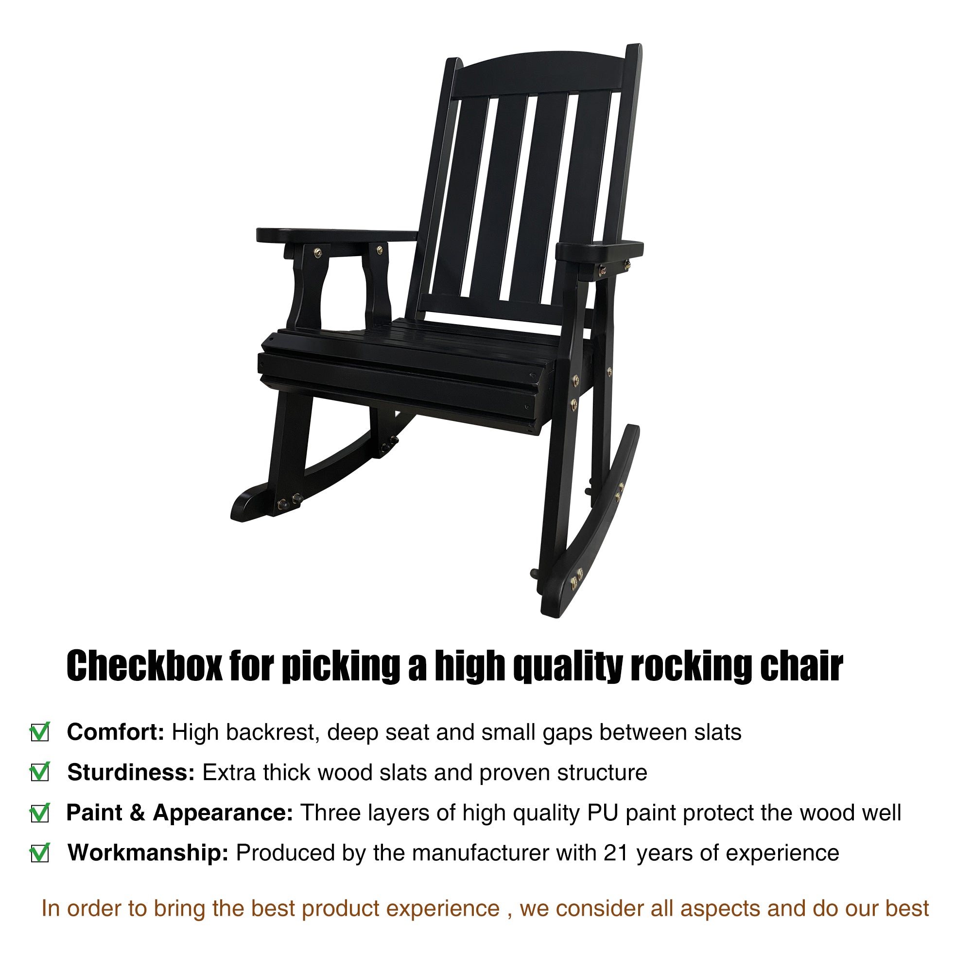 Wooden Rocking Chair with Comfortable Backrest Inclination, High Backrest and Deep Contoured Seat, Solid Fir Wood, Heavy Duty 600 LBS, for Backyard, Porch and Patio (Black PU)