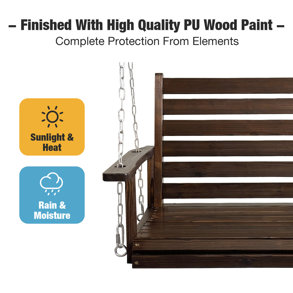 Wooden Porch Swing, Ergonomic Seat, Bench Swing with Hanging Chains and 7mm Springs, Heavy Duty 880 LBS, for Outdoor Patio Garden Yard (Deep Brown, 1-Seater)
