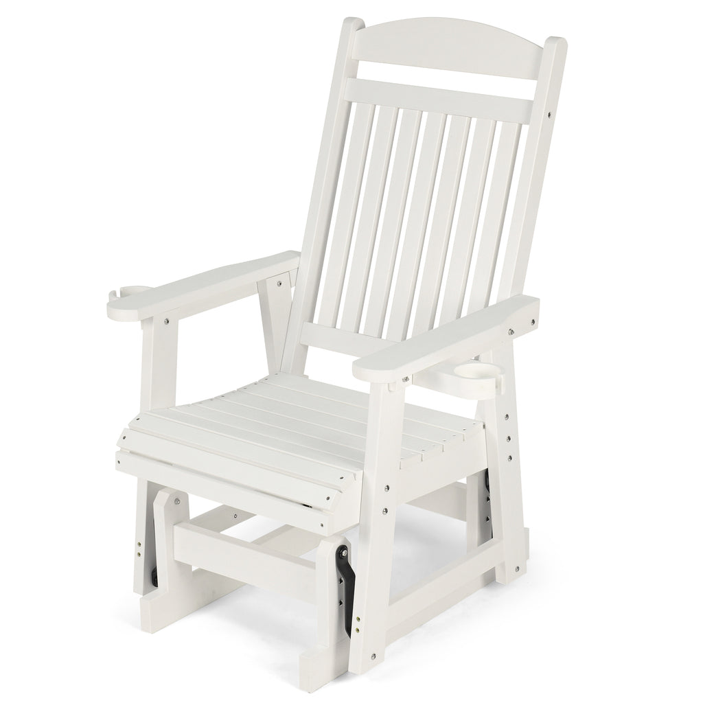 Poly Lumber Patio Glider for One Person, with Cup Holders, High Backrest and Deep Contoured Seat, HIPS Material, All-Weather Resistant, Heavy Duty 700 LBS (Ivory White)