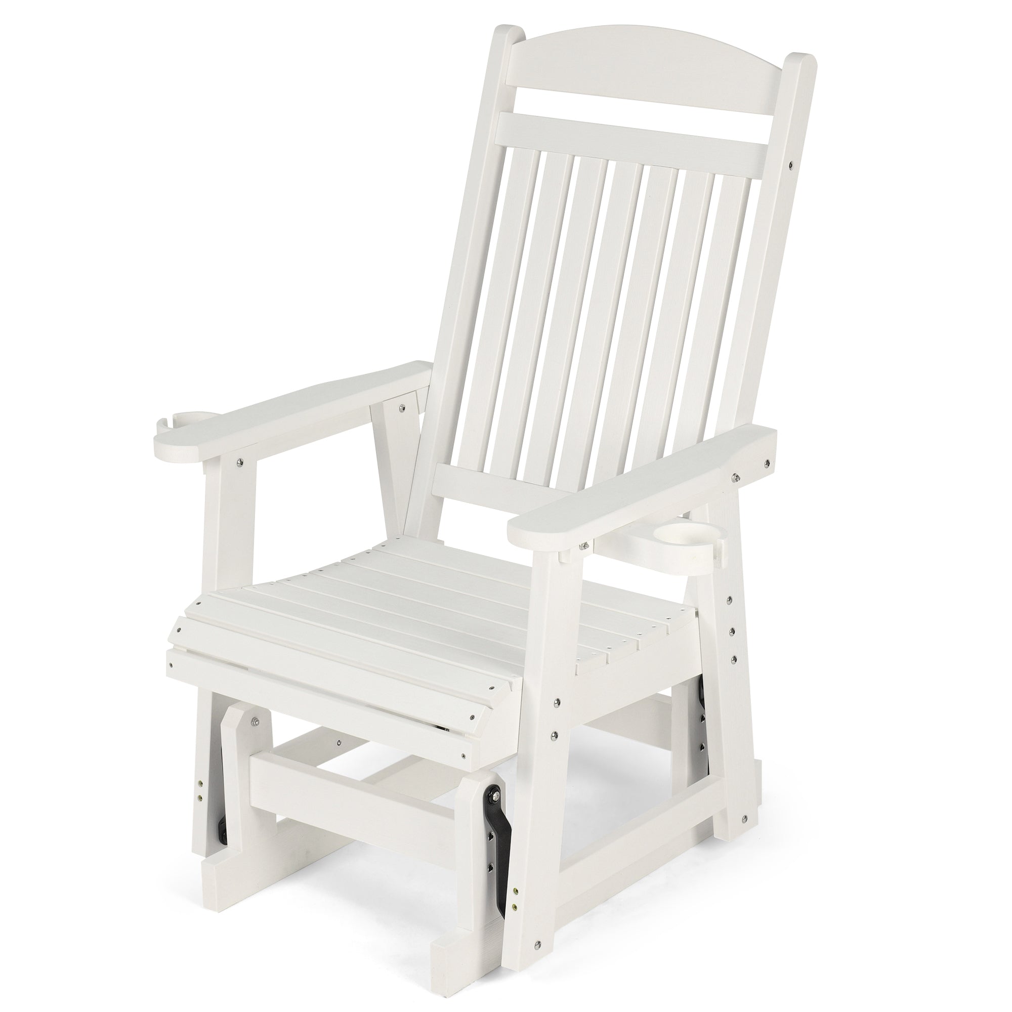 Poly Lumber Patio Glider for One Person, with Cup Holders, High Backrest and Deep Contoured Seat, HIPS Material, All-Weather Resistant, Heavy Duty 700 LBS (Ivory White)