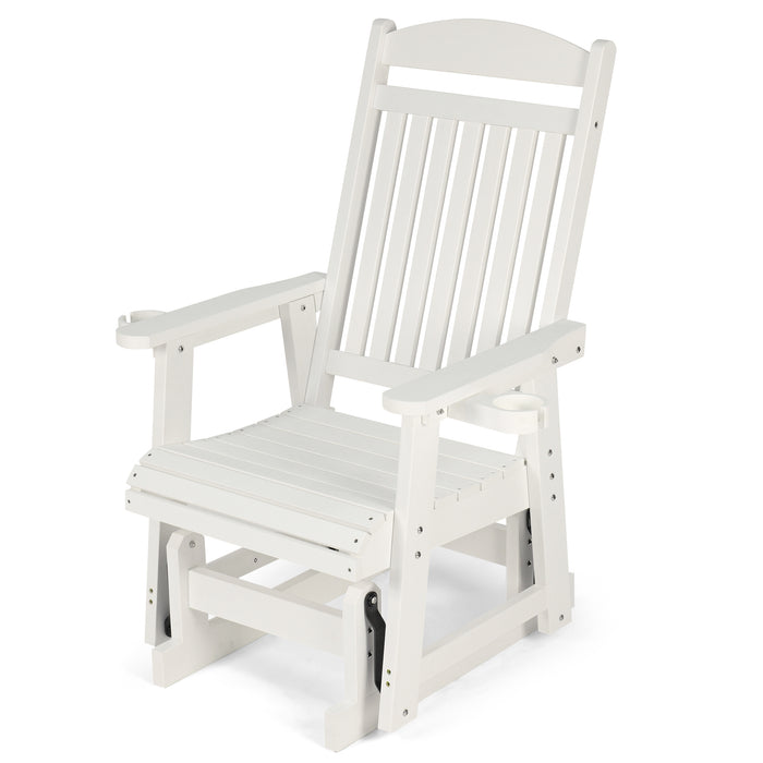 Poly Lumber Patio Glider for One Person, with Cup Holders, High Backrest and Deep Contoured Seat, HIPS Material, All-Weather Resistant, Heavy Duty 700 LBS (Ivory White)