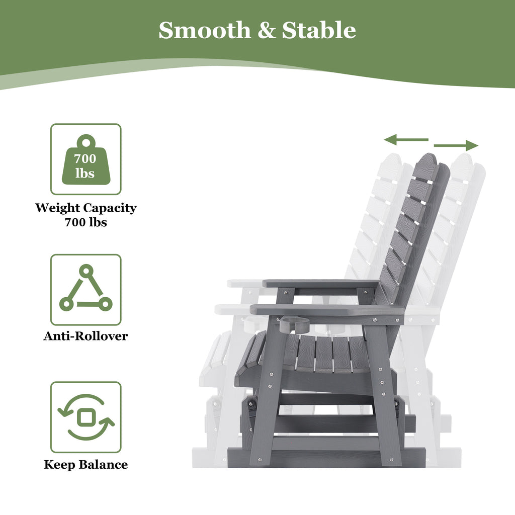 Poly Lumber Patio Glider for One Person, with Cup Holders, High Backrest and Deep Contoured Seat, HIPS Material, All-Weather Resistant, Heavy Duty 700 Pounds (Classic Gray)