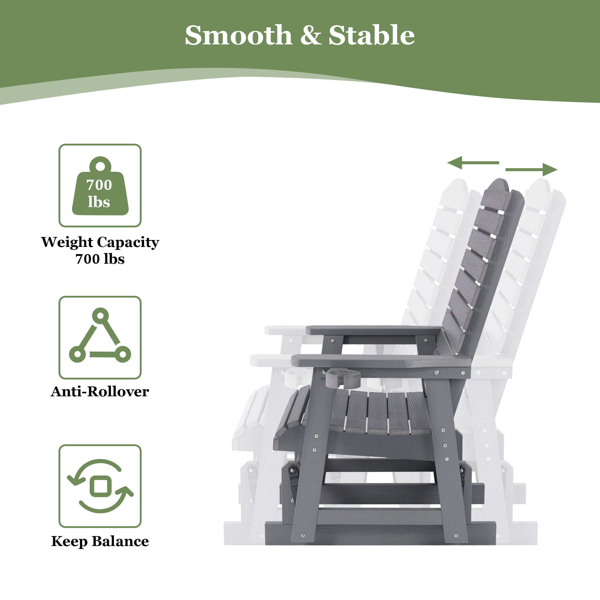 Poly Lumber Patio Glider for One Person, with Cup Holders, High Backrest and Deep Contoured Seat, HIPS Material, All-Weather Resistant, Heavy Duty 700 Pounds (Classic Gray)