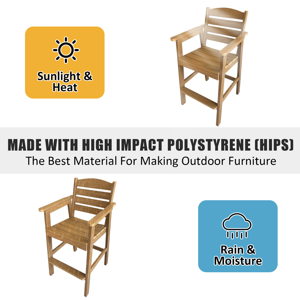 Poly Lumber Patio Bar Set, HIPS Outdoor Bar Stools with Table, Weather Resistant, for Poolside, Garden, Yard, Balcony (Teak Tone, 3 Piece)