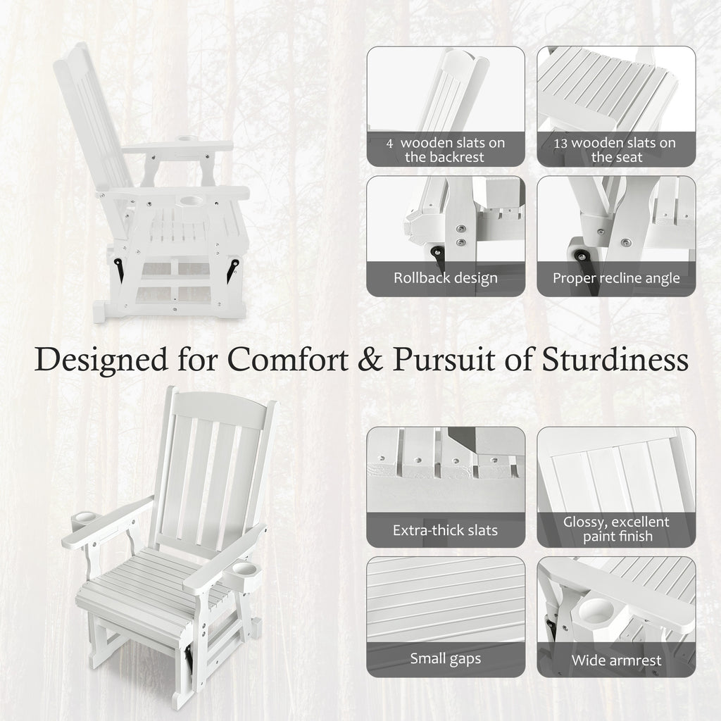 Wooden Patio Glider for One Person, with High Back and Deep Contoured Seat, Solid Fir Wood, Heavy Duty 600 LBS (Slat Back, White)