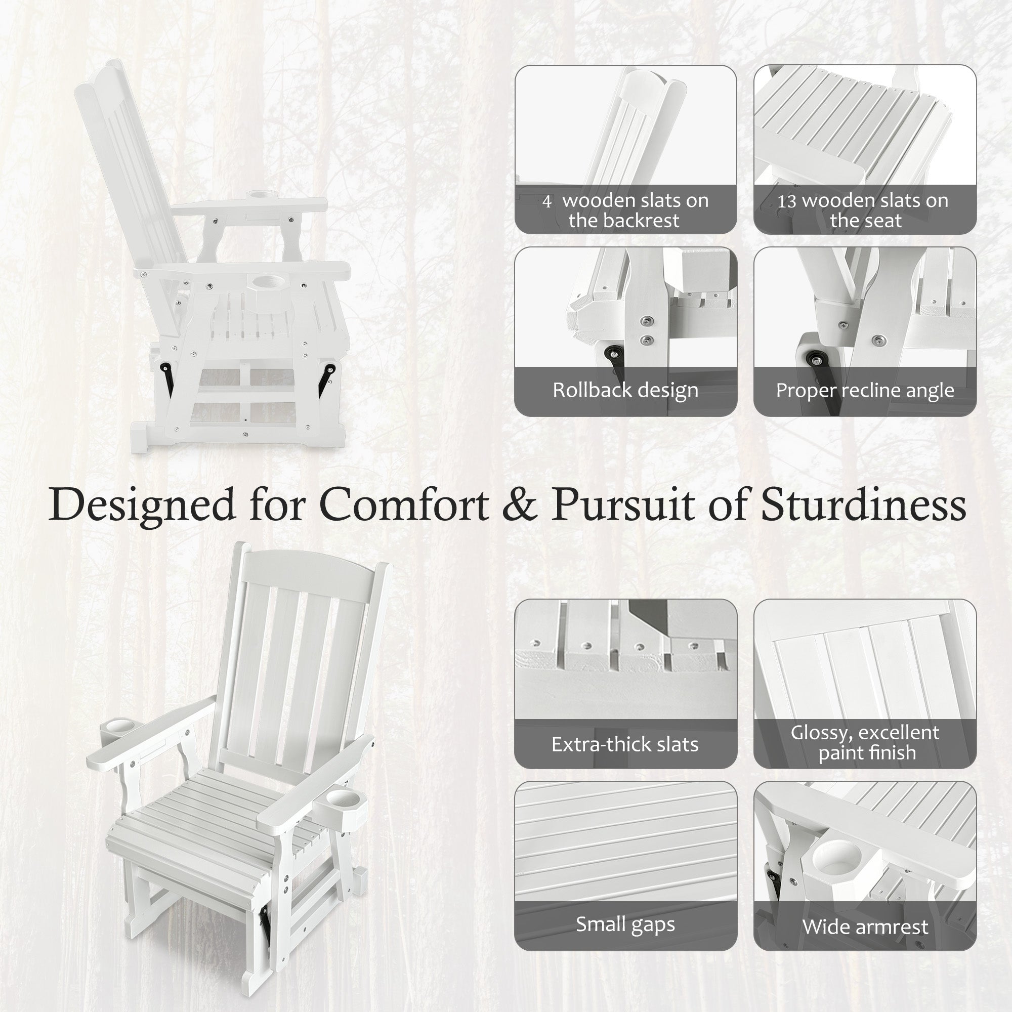 Wooden Patio Glider for One Person, with High Back and Deep Contoured Seat, Solid Fir Wood, Heavy Duty 600 LBS (Slat Back, White)