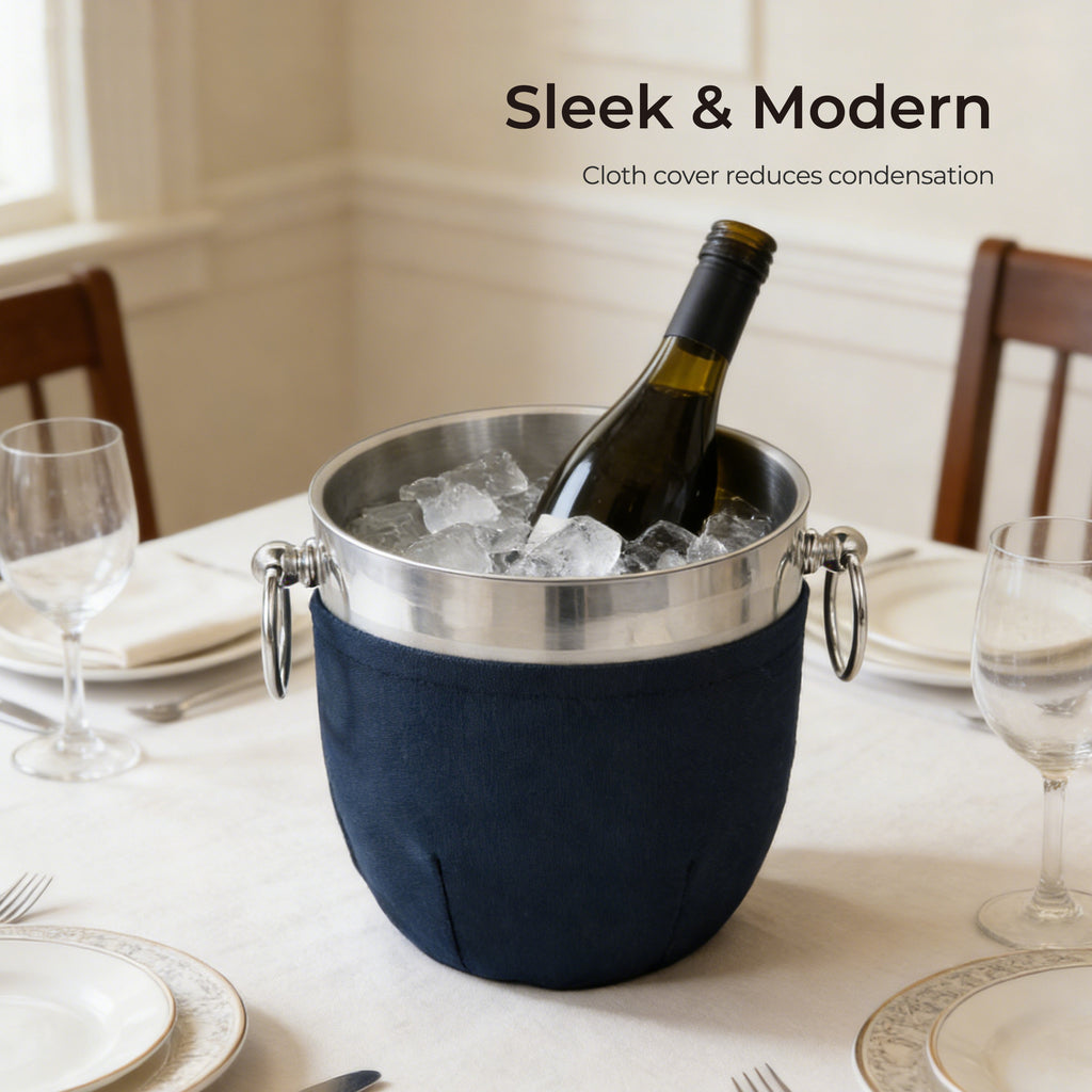 Fortune Candy Insulated Ice Bucket - Double Walled Stainless Steel Ice Bucket with Ice Tongs, Scoop, Lid, and Exclusive Handmade Nylon Holder - 2.8 L, Silver/Navy Blue