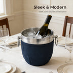 Fortune Candy Insulated Ice Bucket - Double Walled Stainless Steel Ice Bucket with Ice Tongs, Scoop, Lid, and Exclusive Handmade Nylon Holder - 2.8 L, Silver/Navy Blue