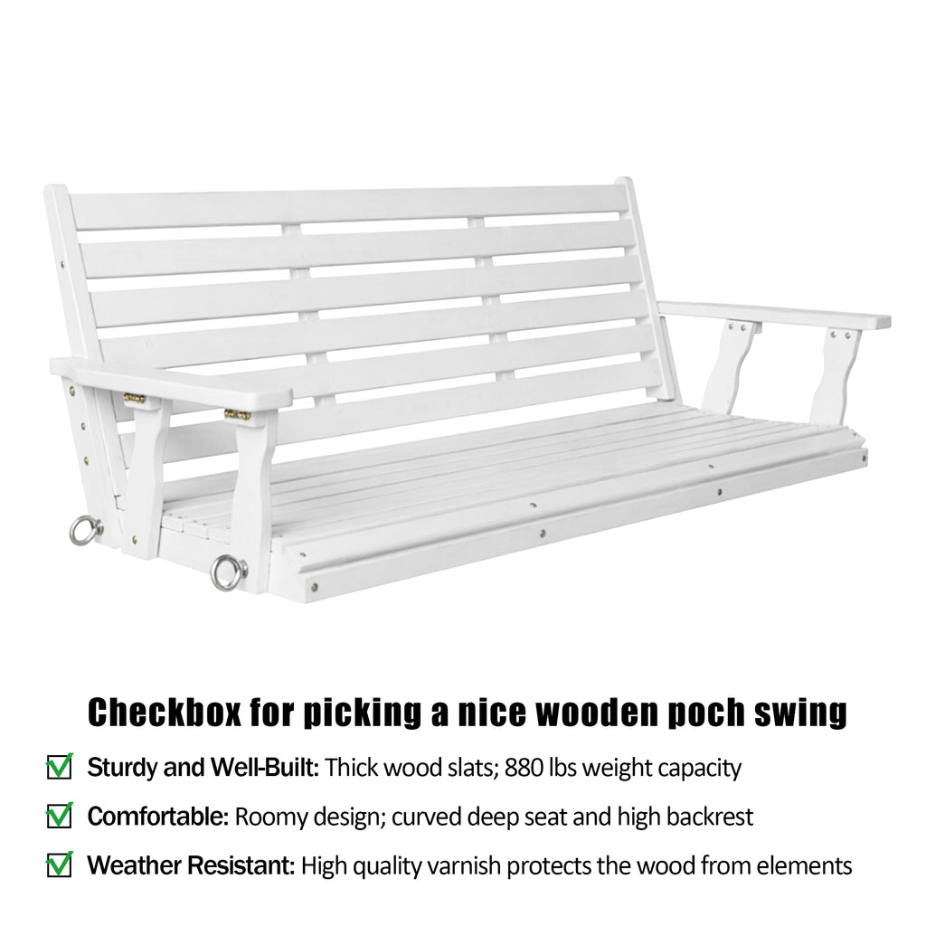 Wooden Porch Swing, Ergonomic Seat, Bench Swing with Hanging Chains and 7mm Springs, Heavy Duty 800 LBS, for Outdoor Patio Garden Yard (White, 3-Seater Extra Large)
