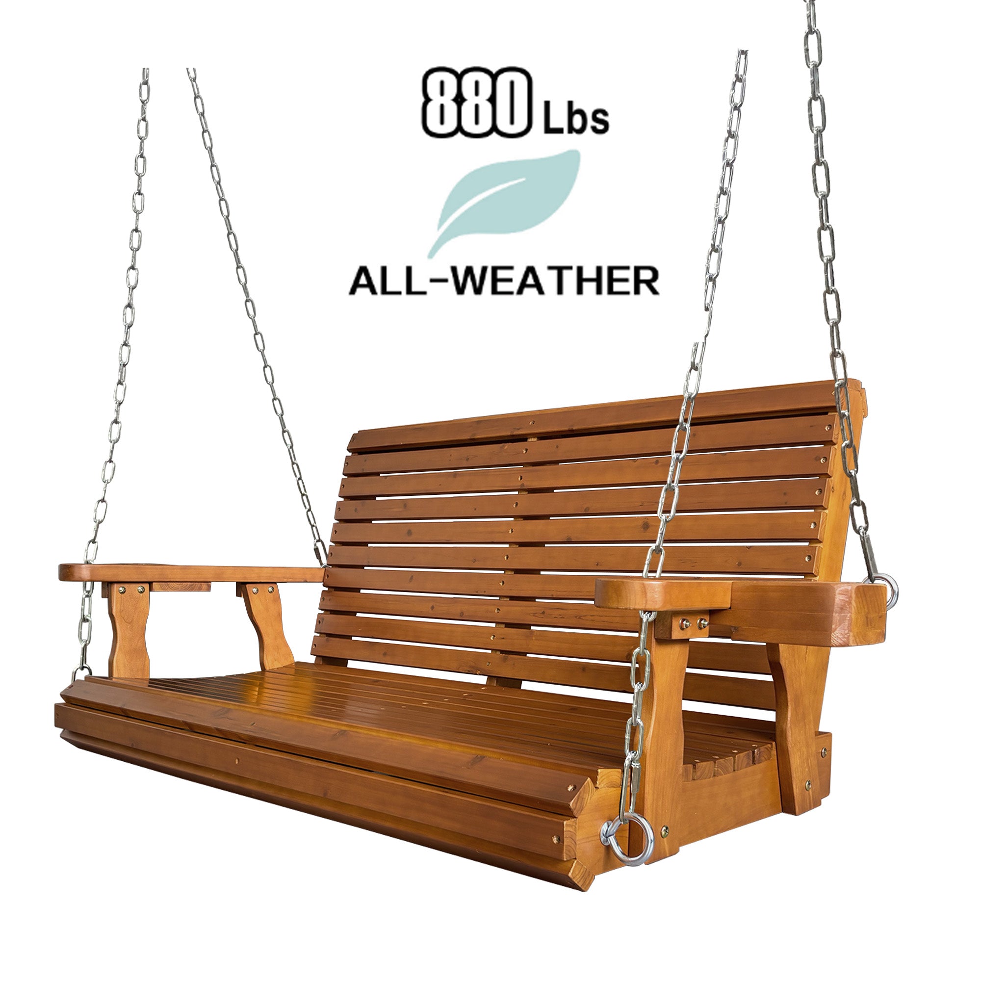Wooden Porch Swing 2-Seater, High Backrest and Deep Seat, Bench Swing with Cupholders, Hanging Chains and 7mm Springs, Heavy Duty 880 LBS, for Outdoor Patio Garden (Cedar Tone - 4 FT Extra Large)