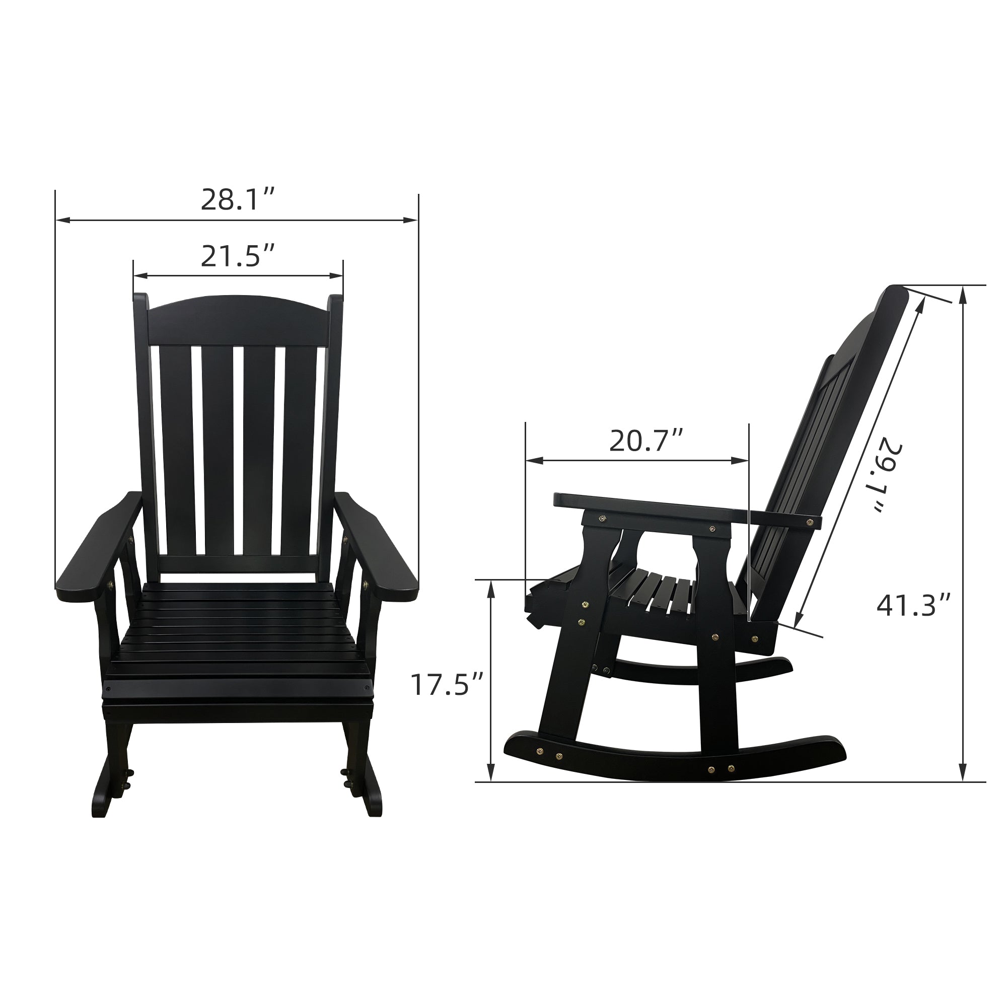 Fortune Candy Wooden Patio Rocking Chair with Comfortable Backrest Inclination, High Backrest and Deep Contoured Seat, Solid Fir Wood, Heavy Duty 600 LBS (Black, 2 Pieces)