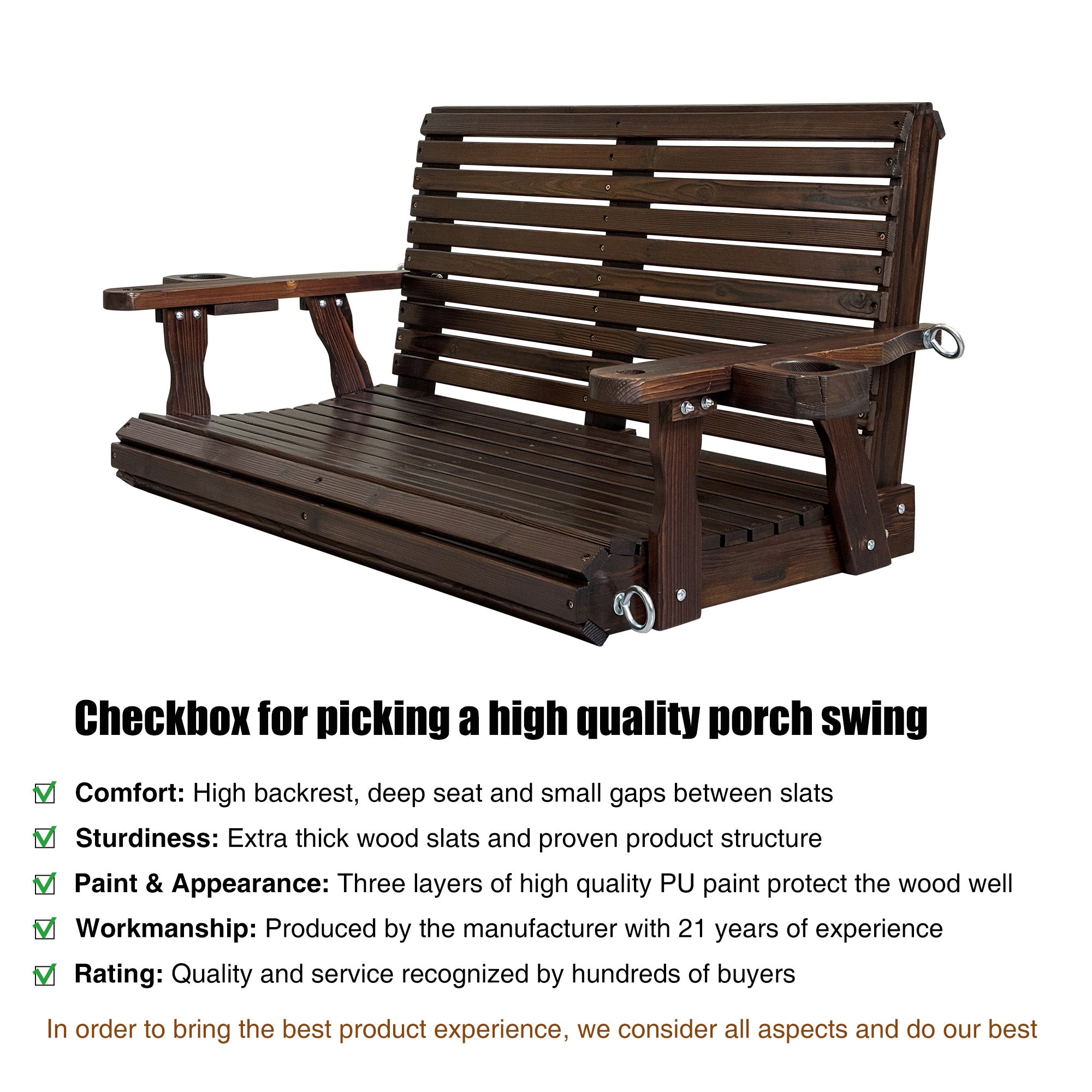 Wooden Porch Swing 2-Seater, High Backrest and Deep Seat, Bench Swing with Cupholders, Hanging Chains and 7mm Springs, Heavy Duty 880 LBS, for Outdoor Patio Garden (Deep Brown, 4 FT Extra Large)