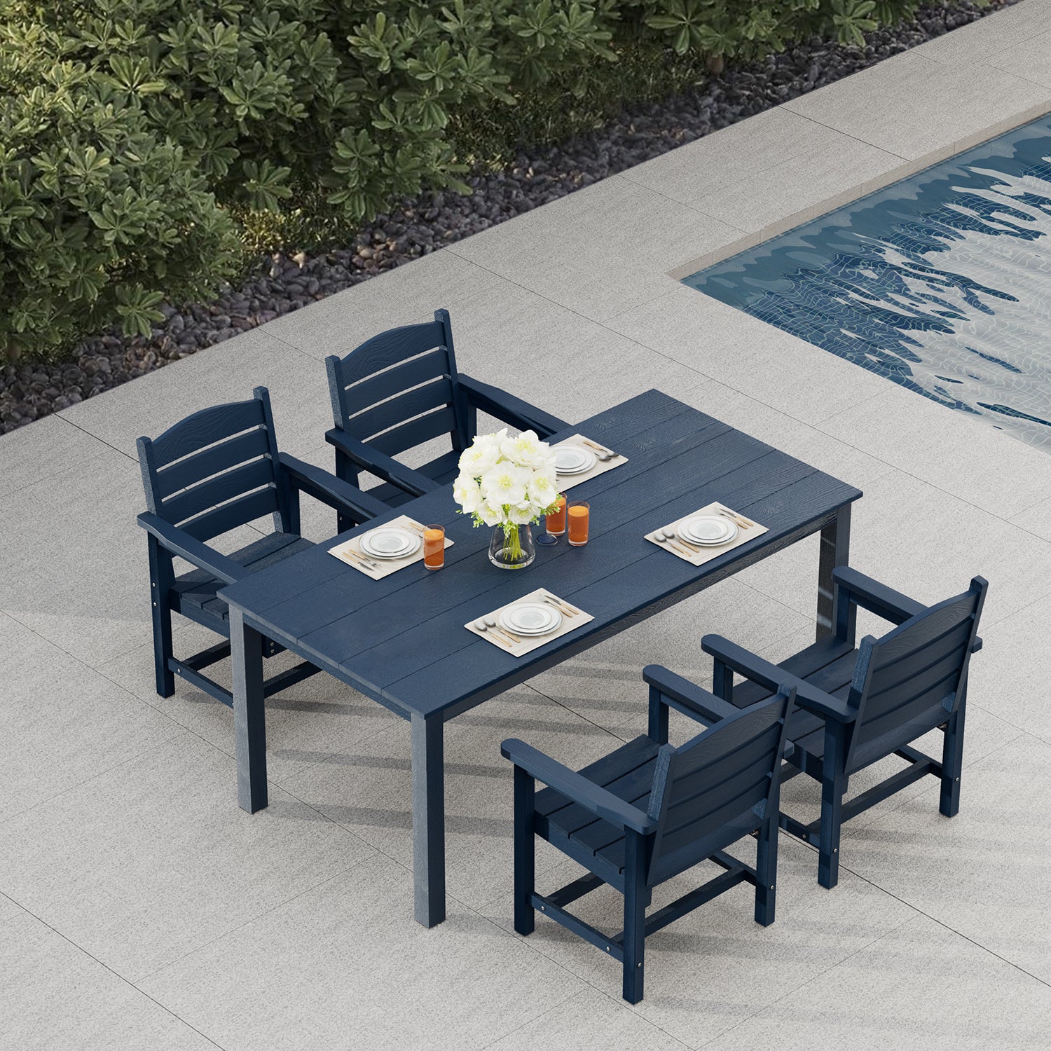 blue umbrella patio dining 70.9-Inches Poly Lumber Outdoor Dining Table, HIPS Patio Dining Table with Umbrella Hole, Weather Resistant (Navy Blue, 1 Piece)