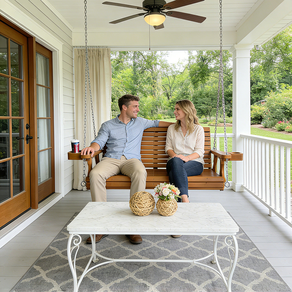 Wooden Porch Swing 2-Seater, High Backrest and Deep Seat, Bench Swing with Cupholders, Hanging Chains and 7mm Springs, Heavy Duty 880 LBS, for Outdoor Patio Garden (Cedar Tone - 4 FT Extra Large)