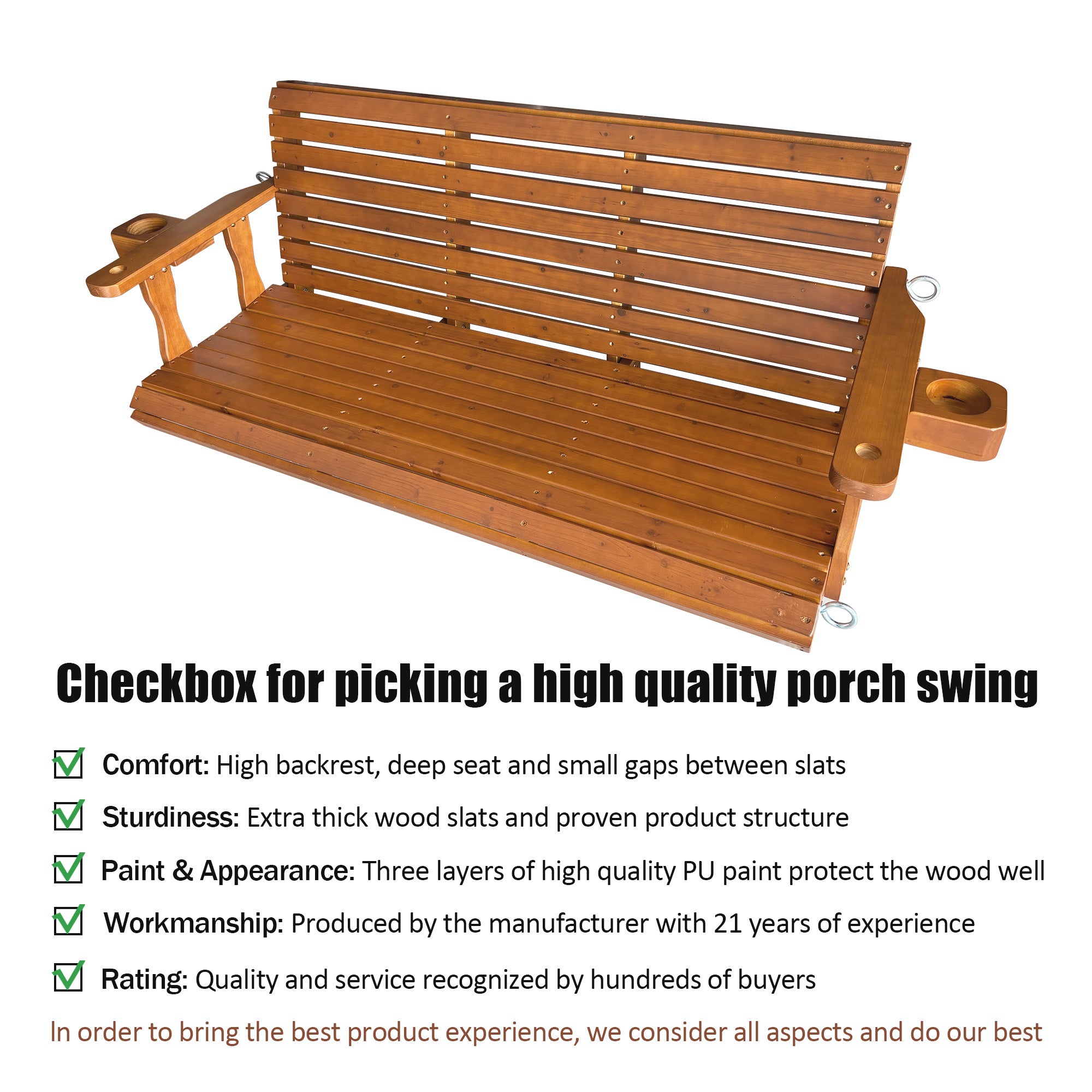 Wooden Porch Swing 2-Seater, Bench Swing with Cupholders, Hanging Chains and 7mm Springs, Heavy Duty 800 LBS, for Outdoor Patio Garden (Warm Teak Color, 5 FT Extra Large)