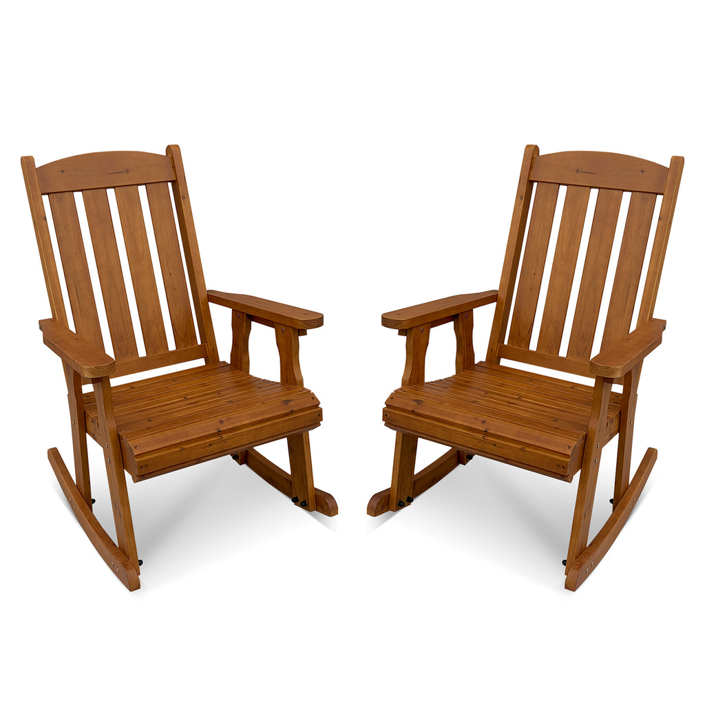 Wooden Patio Rocking Chair with Comfortable Backrest Inclination, High Backrest and Deep Contoured Seat, Solid Fir Wood, Heavy Duty 600 LBS (Natural, 2 Pieces)