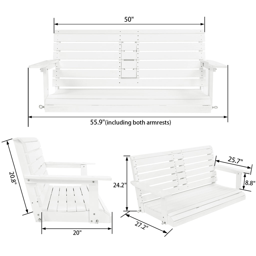 Poly Lumber 2-Seat Porch Swing, HIPS 4.5-Feet Bench Swing with Foldable Cup Holders,18/8 Stainless Steel Hardware, High Backrest and Deep Contoured Seat (Snow White, 4.5-feet)
