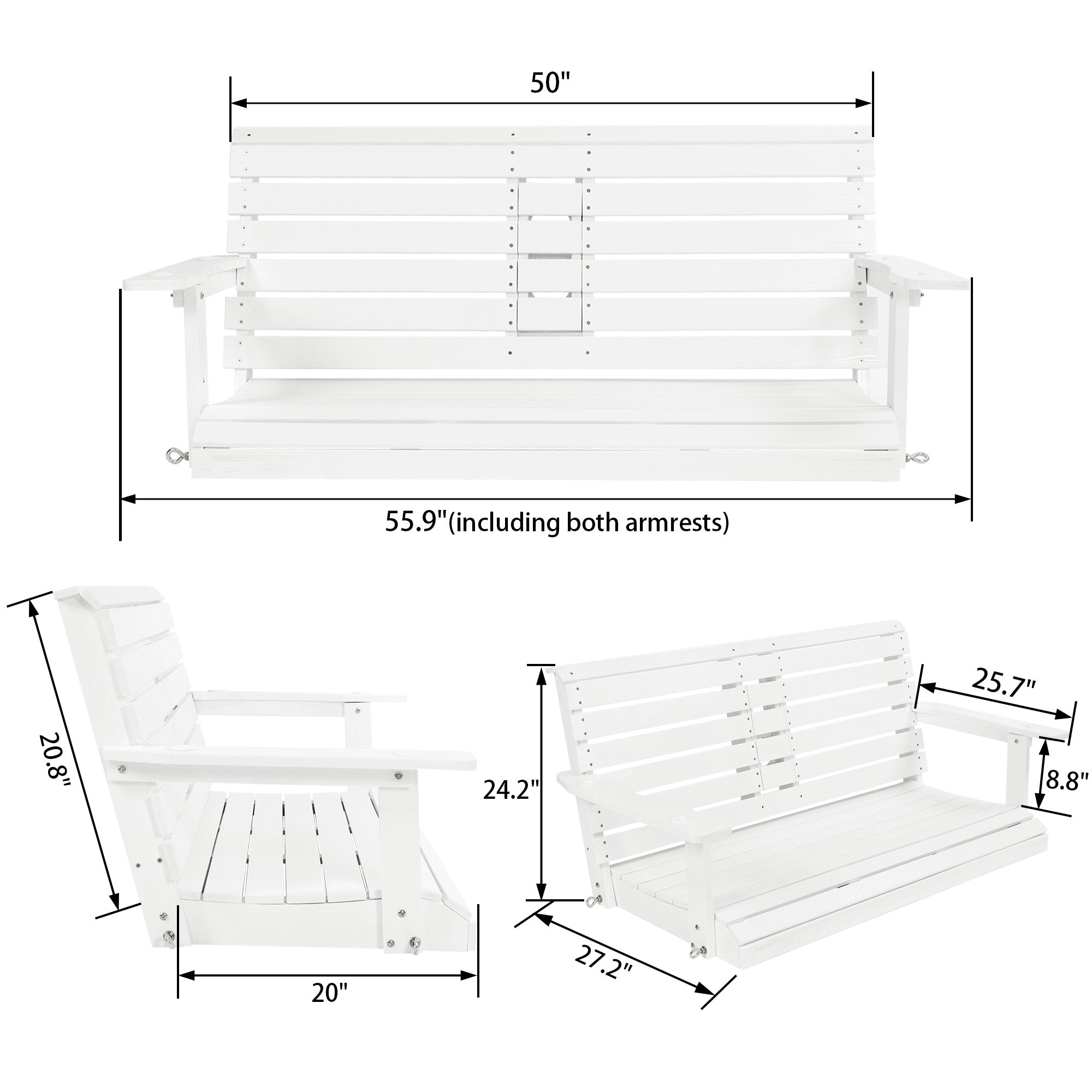 Poly Lumber 2-Seat Porch Swing, HIPS 4.5-Feet Bench Swing with Foldable Cup Holders,18/8 Stainless Steel Hardware, High Backrest and Deep Contoured Seat (Snow White, 4.5-feet)