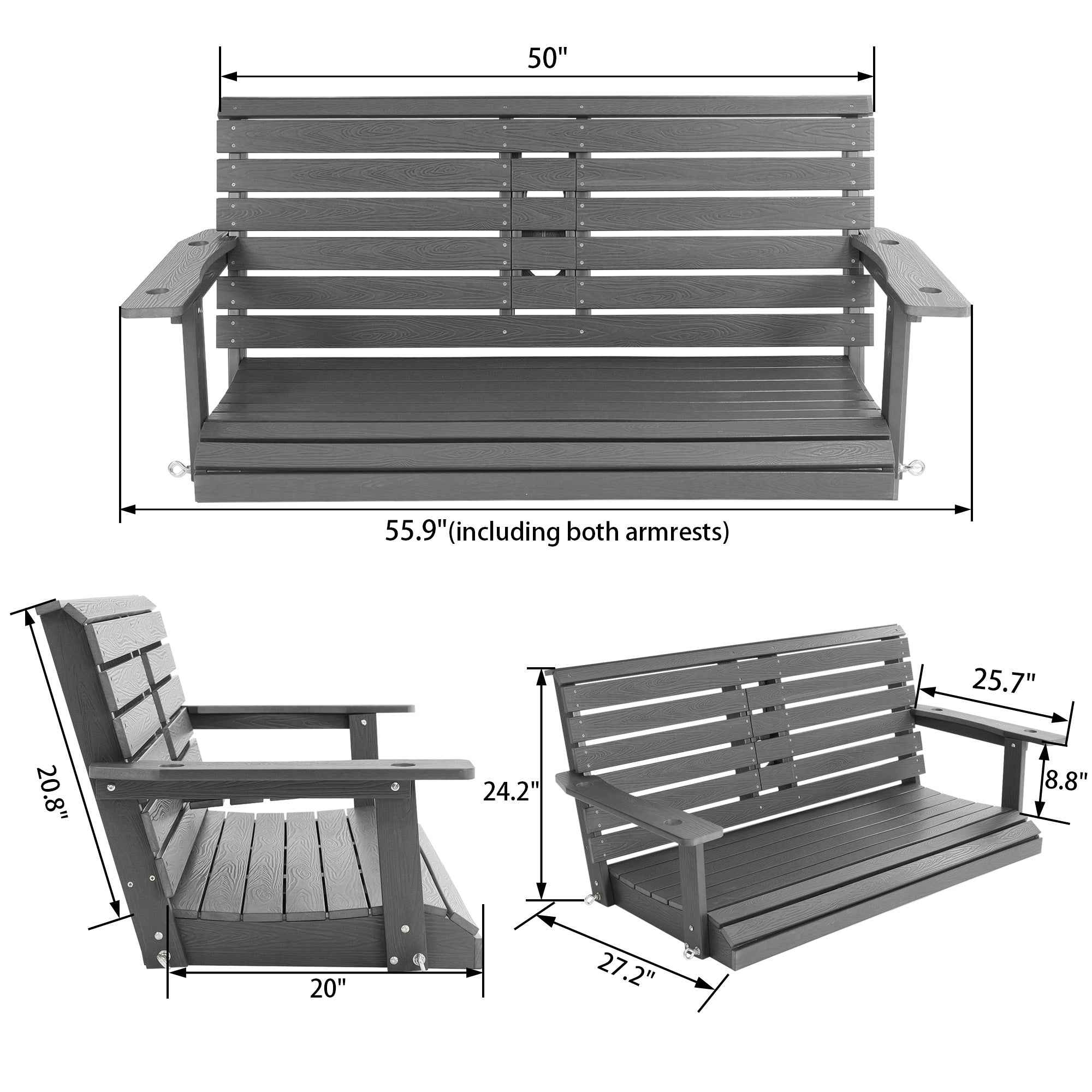 Poly Lumber 2-Seat Porch Swing, HIPS 4.5-Feet Bench Swing with Foldable Cup Holders,18/8 Stainless Steel Hardware, High Backrest and Deep Contoured Seat (Gray, 4.5-feet)