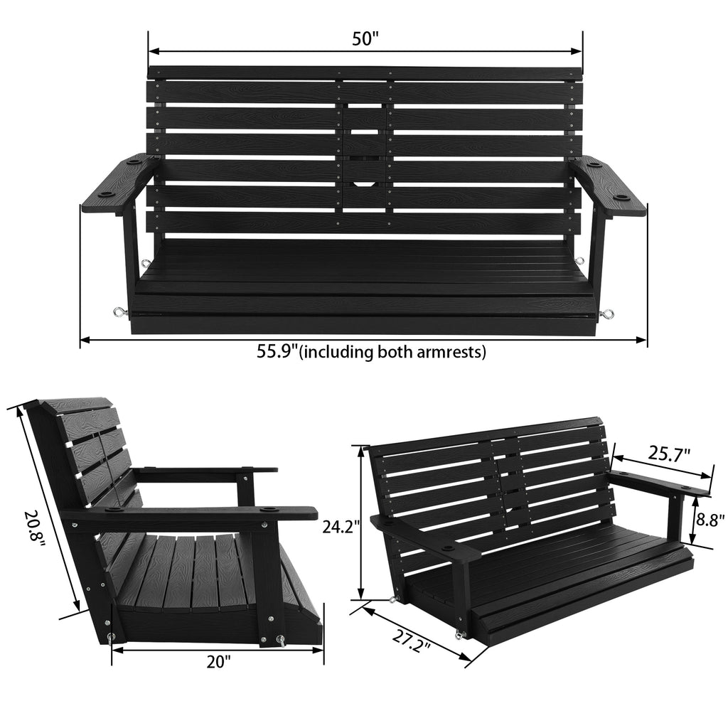 Poly Lumber 3-Seat Porch Swing, HIPS 5-Feet Bench Swing with Foldable Cup Holders,18/8 Stainless Steel Hardware, High Backrest and Deep Contoured Seat (Carbon Black, 4.5-feet)
