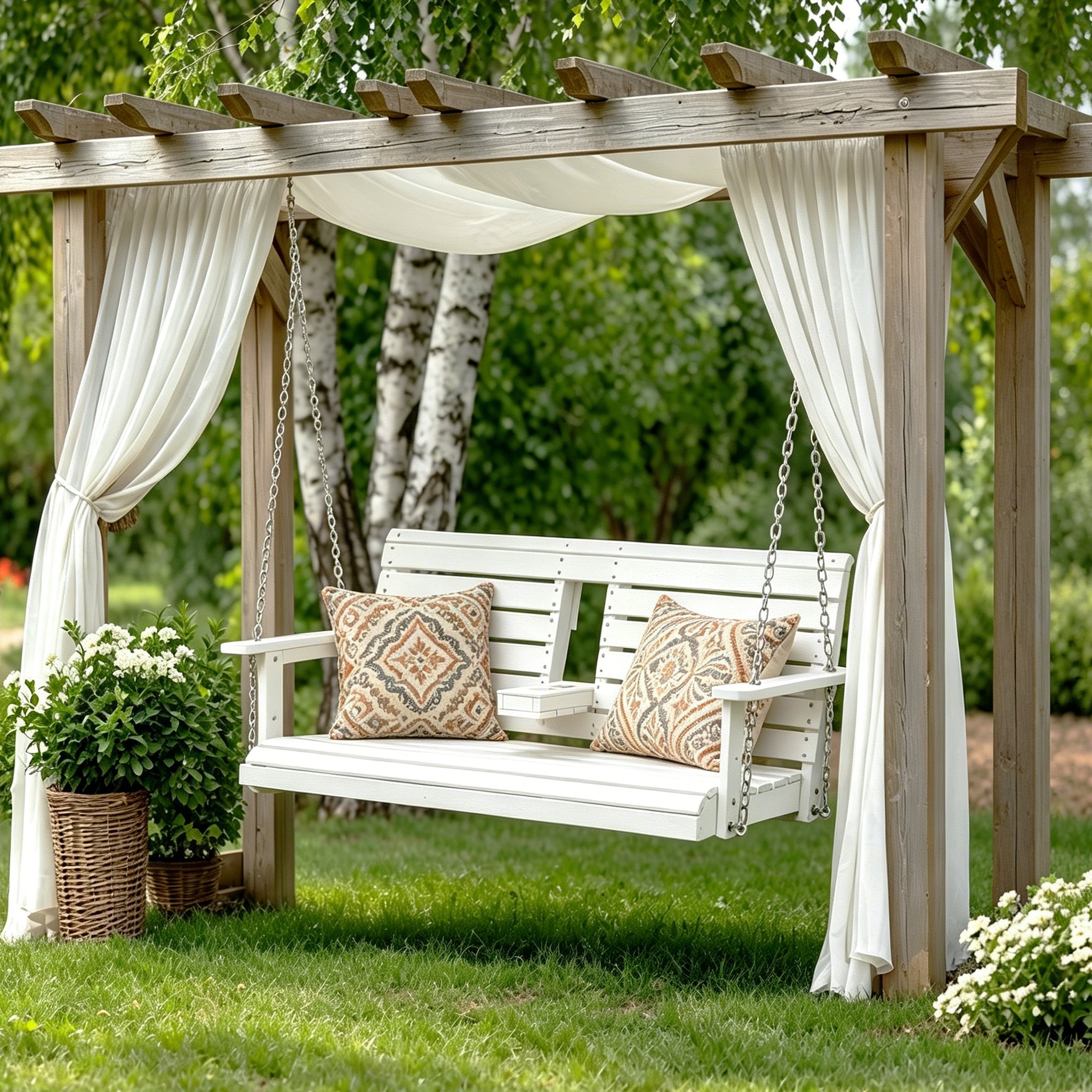 Poly Lumber 2-Seat Porch Swing, HIPS 4.5-Feet Bench Swing with Foldable Cup Holders,18/8 Stainless Steel Hardware, High Backrest and Deep Contoured Seat (Snow White, 4.5-feet)