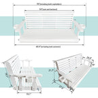Wooden Porch Swing 3-Seater, High Backrest and Deep Seat, Bench Swing with Cupholders, Hanging Chains and 7mm Springs, Heavy Duty 880 LBS, for Outdoor Patio Garden (Pure White, 5 FT Extra Large)