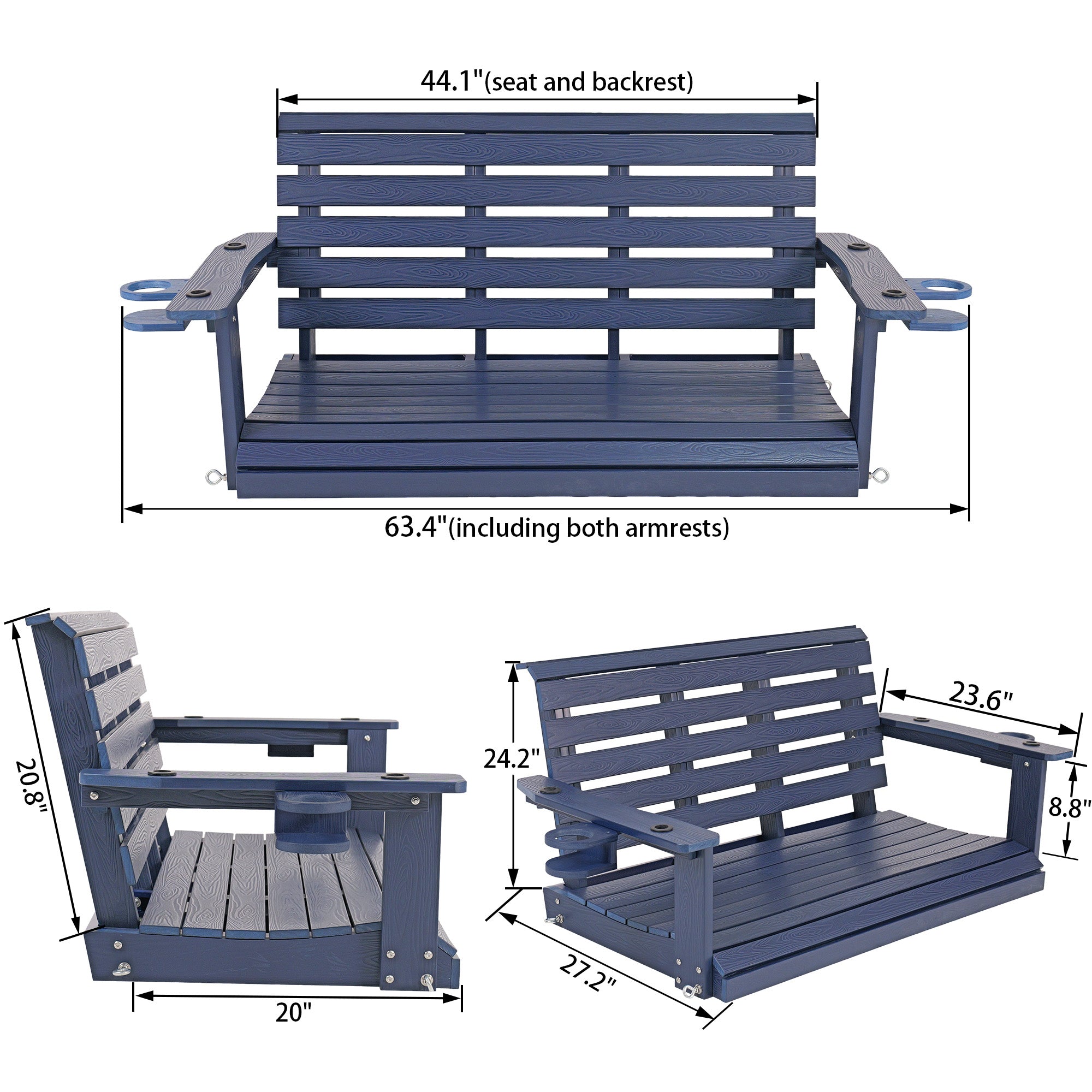 Poly Lumber 2-Seat Porch Swing, HIPS 4-Feet Bench Swing with Foldable Cup Holders,18/8 Stainless Steel Hardware, High Backrest and Deep Contoured Seat (Navy Blue, 4-feet)