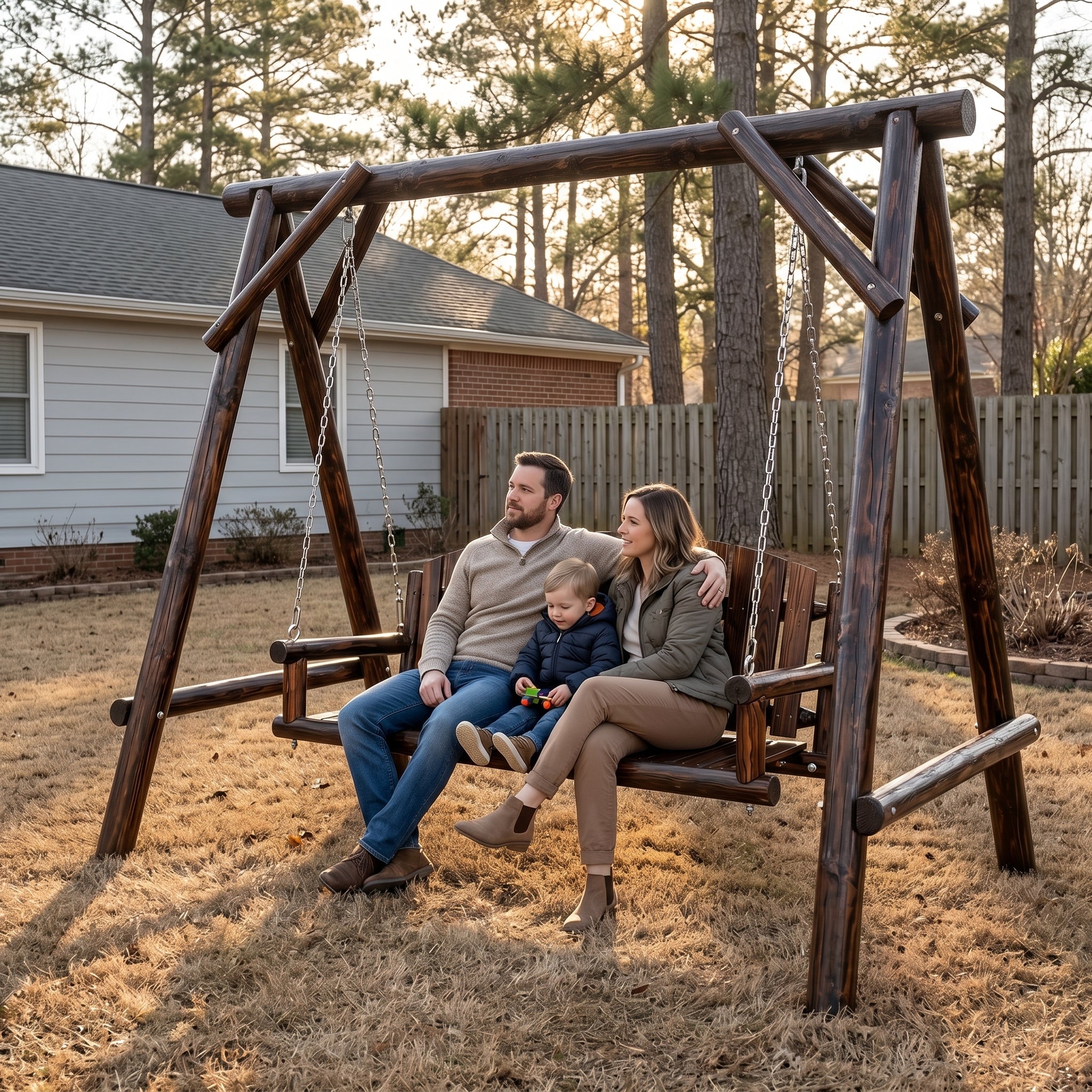 5FT Rustic Log Wooden Porch Swing, Heavy-Duty 900 LBS, Outdoor Hanging Bench for Patio, Garden, Yard – Solid Fir Wood, Handcrafted, Weather-Resistant Finish