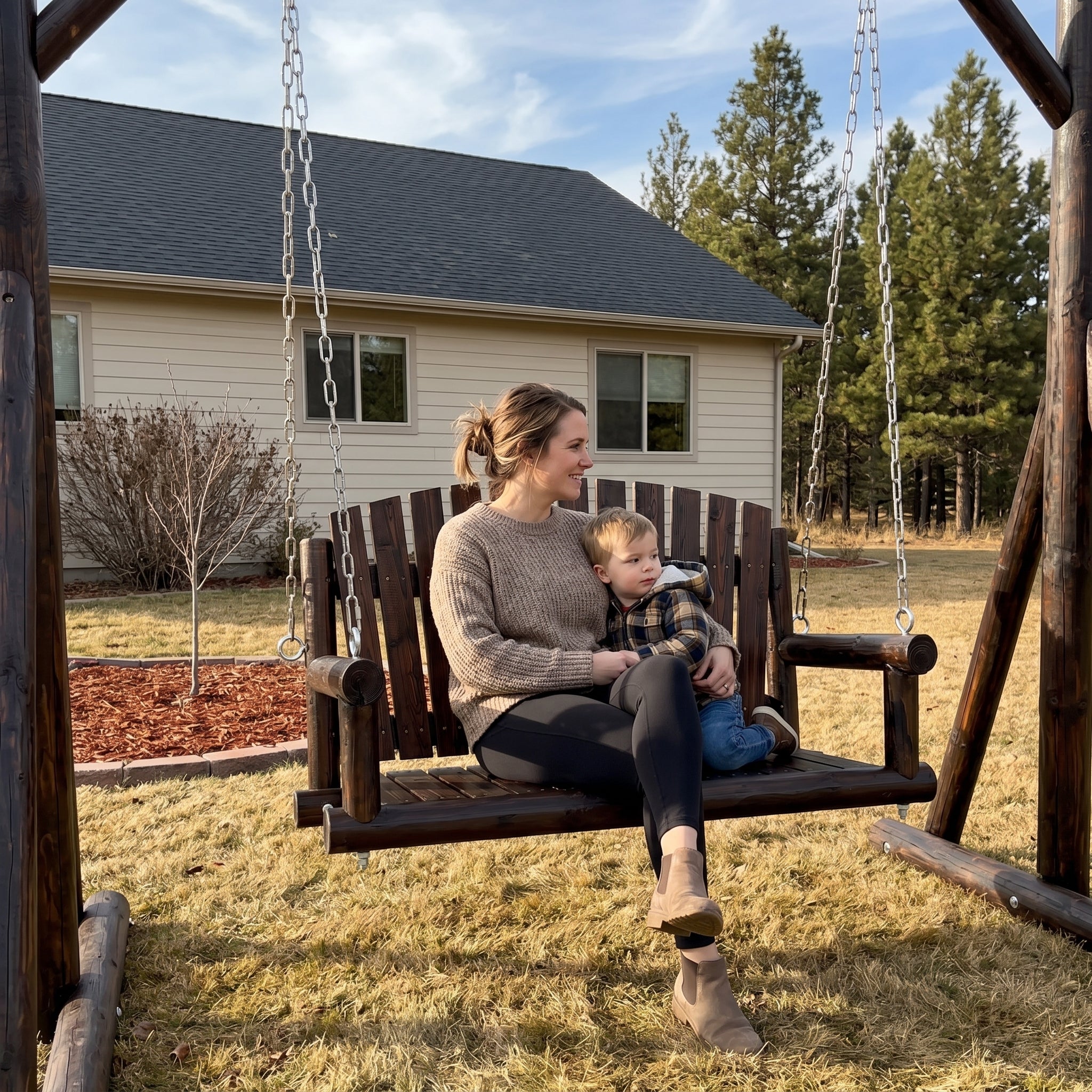 Rustic Log Wooden Porch Swing, Heavy-Duty 900 LBS, Outdoor Hanging Bench for Patio, Garden, Yard – Solid Fir Wood, Handcrafted, Weather-Resistant Finish