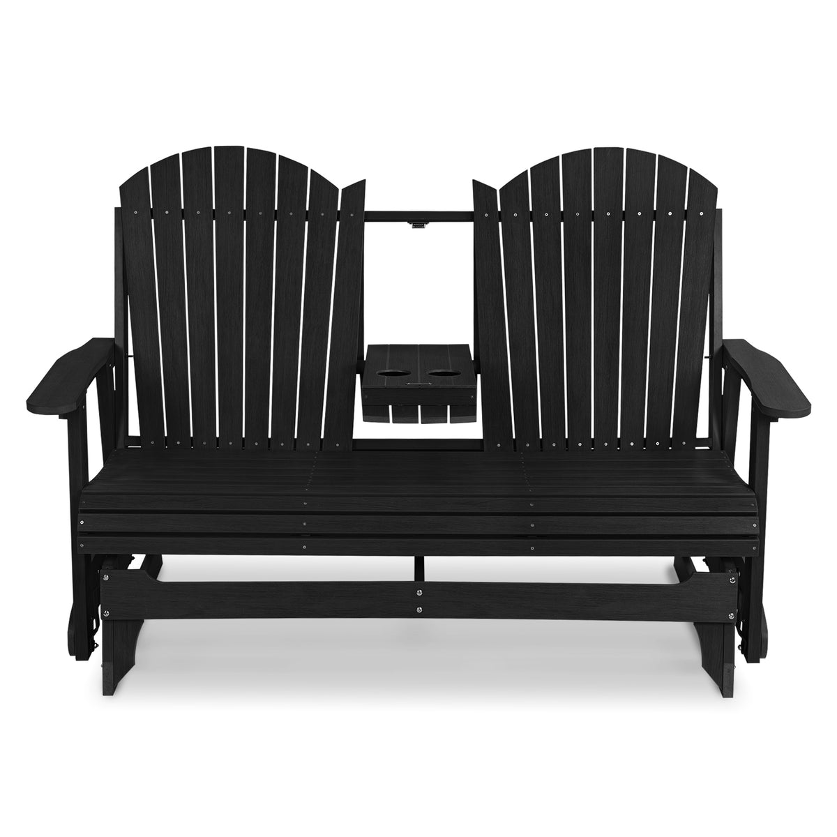 HIPS Patio Glider with Foldable Cup Holders, Durable Poly Lumber Material, All-Weather Resistant, High Backrest and Deep Contoured Seat, Heavy Duty 900 LB, for Outdoor, Porch, Patio (Black, 3-Seat)