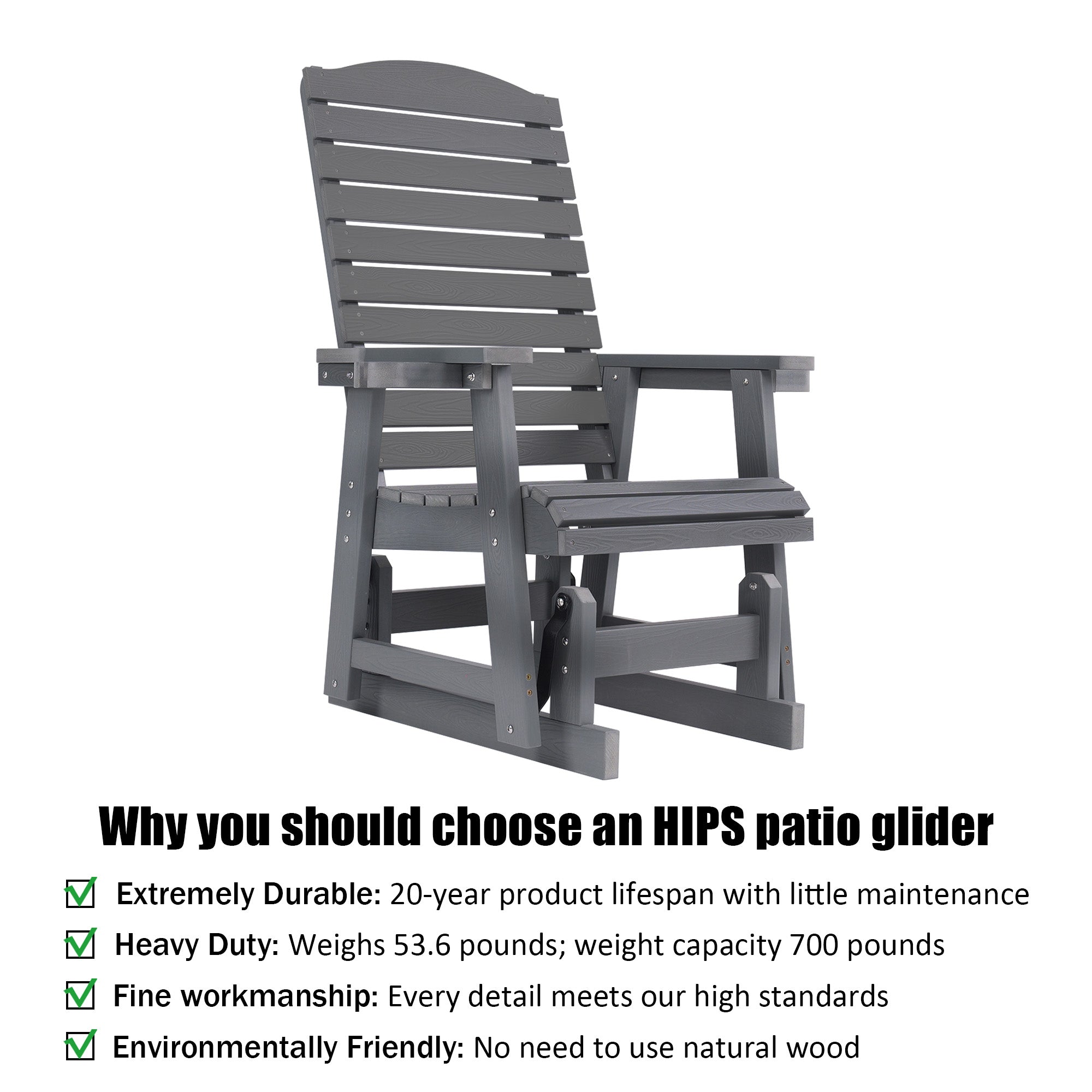 Poly Lumber Patio Glider for One Person, with Cup Holders, High Backrest and Deep Contoured Seat, HIPS Material, All-Weather Resistant, Heavy Duty 700 Pounds (Ore Gray)