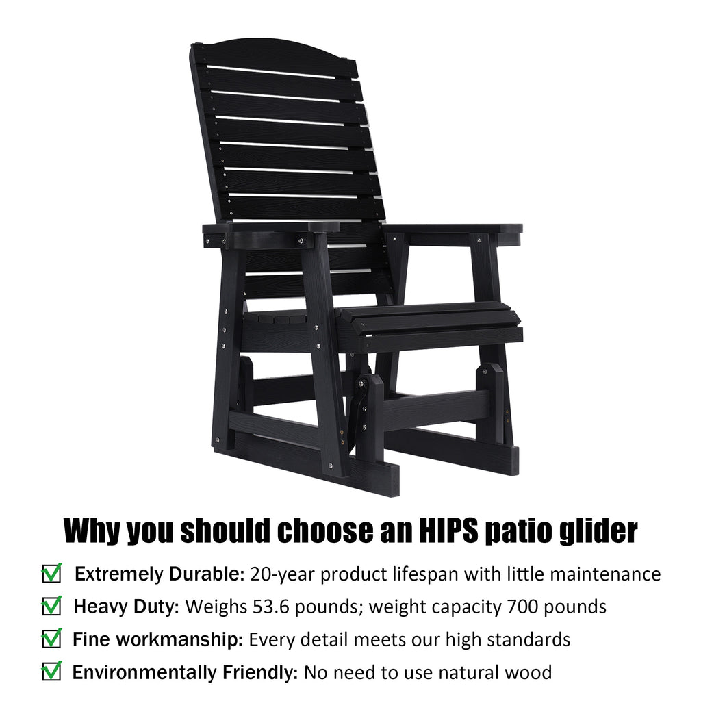 Poly Lumber Patio Glider for One Person, with Cup Holders, High Backrest and Deep Contoured Seat, HIPS Material, All-Weather Resistant, Heavy Duty 700 Pounds (Black)