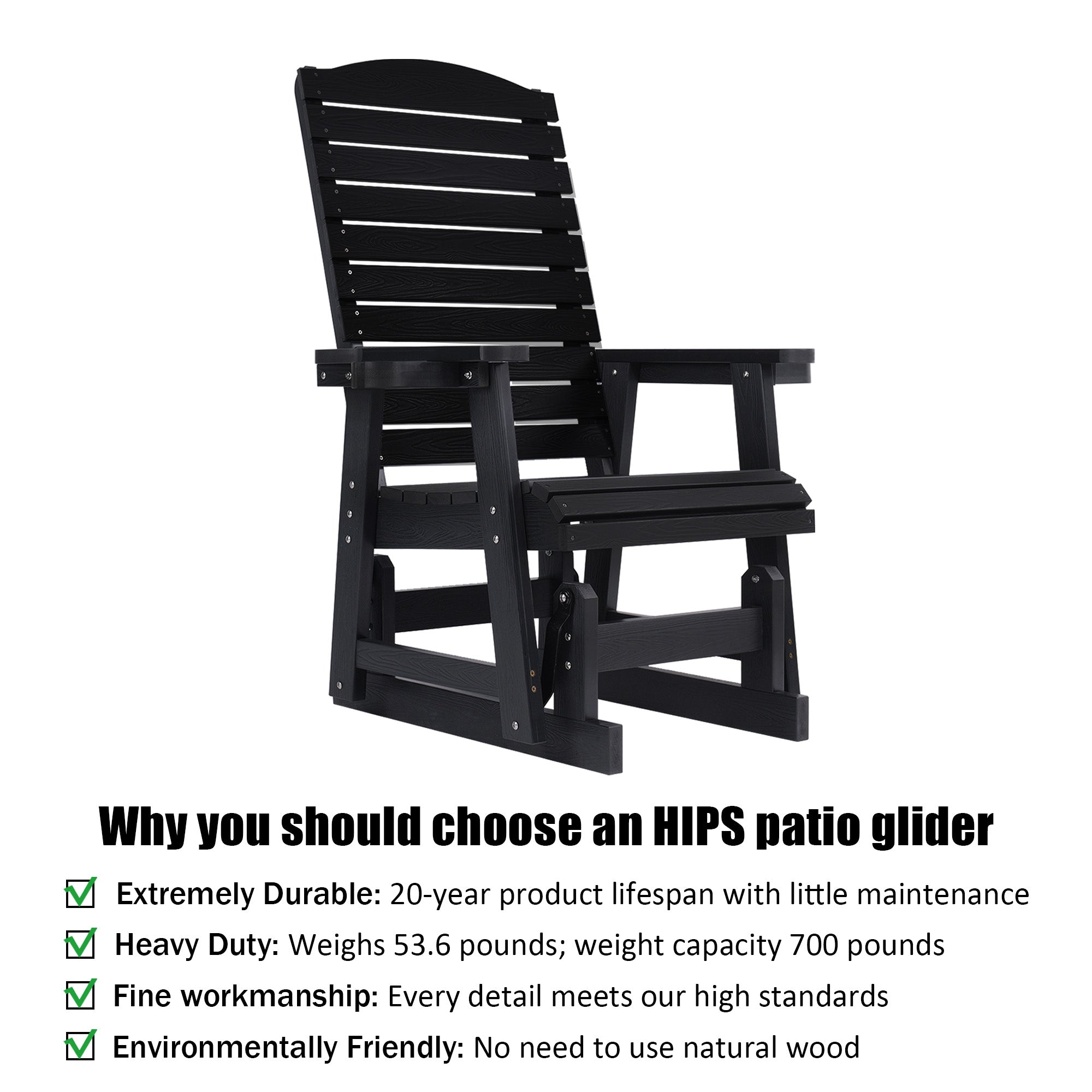 Poly Lumber Patio Glider for One Person, with Cup Holders, High Backrest and Deep Contoured Seat, HIPS Material, All-Weather Resistant, Heavy Duty 700 Pounds (Black)
