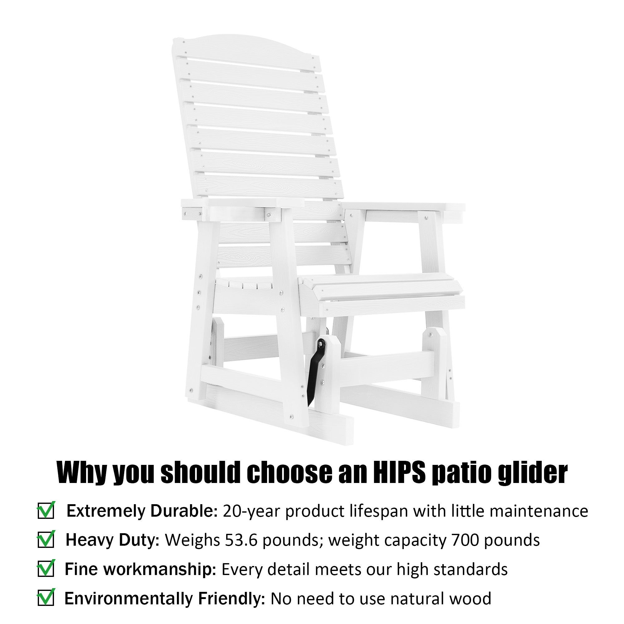 Poly Lumber Patio Glider for One Person, with Cup Holders, High Backrest and Deep Contoured Seat, HIPS Material, All-Weather Resistant, Heavy Duty 700 Pounds (White)