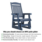 Poly Lumber Patio Glider for One Person, with Cup Holders, High Backrest and Deep Contoured Seat, HIPS Material, All-Weather Resistant, Heavy Duty 700 LBS (Navy Blue)