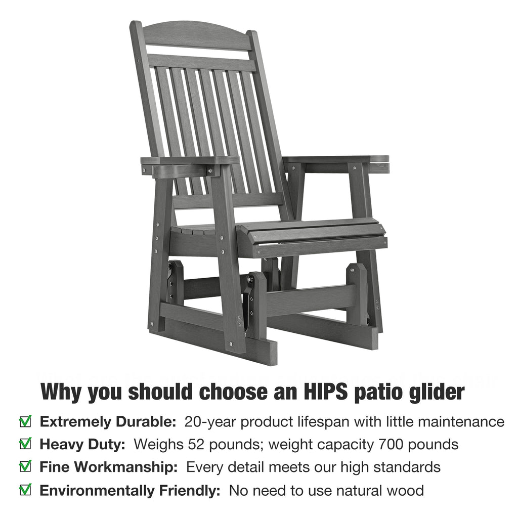 Poly Lumber Patio Glider for One Person, with Cup Holders, High Backrest and Deep Contoured Seat, HIPS Material, All-Weather Resistant, Heavy Duty 700 LBS  (Gray)