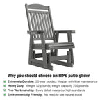 Poly Lumber Patio Glider for One Person, with Cup Holders, High Backrest and Deep Contoured Seat, HIPS Material, All-Weather Resistant, Heavy Duty 700 LBS  (Gray)