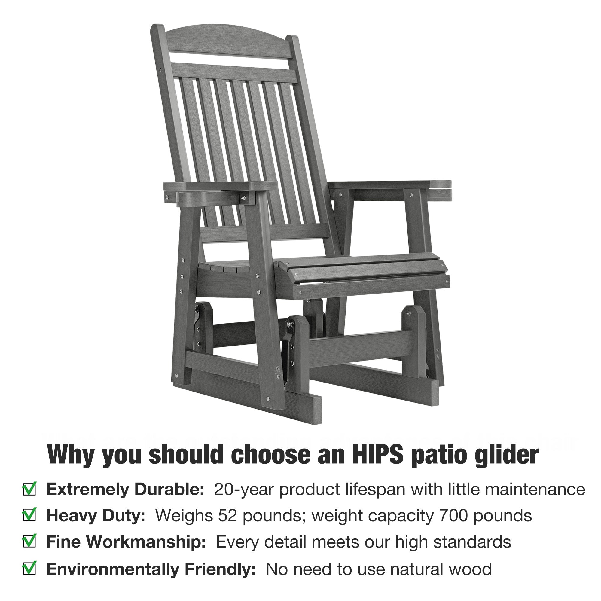 Poly Lumber Patio Glider for One Person, with Cup Holders, High Backrest and Deep Contoured Seat, HIPS Material, All-Weather Resistant, Heavy Duty 700 LBS  (Gray)