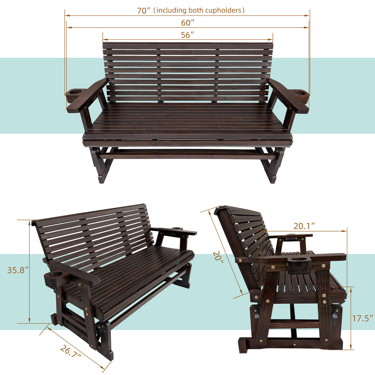 Patio Glider with Cup Holders, High Roll Back and Deep Contoured Seat, Heavy Duty 880 Lb (Rustic, 3-Seater)