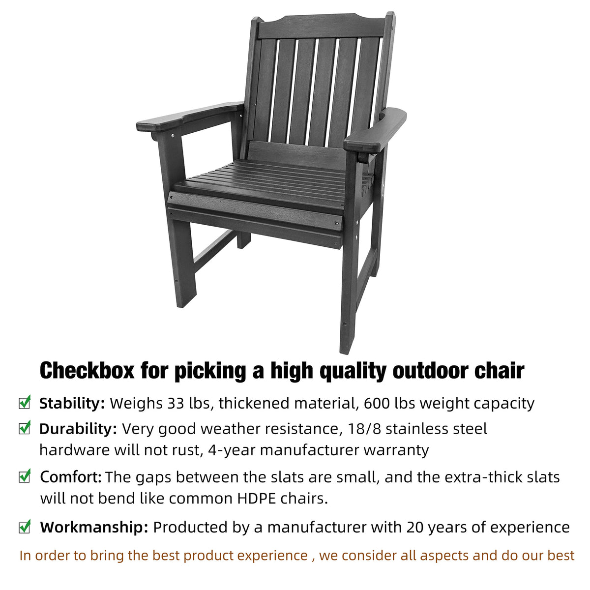 HDPE Patio Dining Chair, Outdoor Chair with 18/8 Stainless Steel Hardware, Heavy Duty 600 LBS, for Outdoor Patio Garden Yard (Gray)