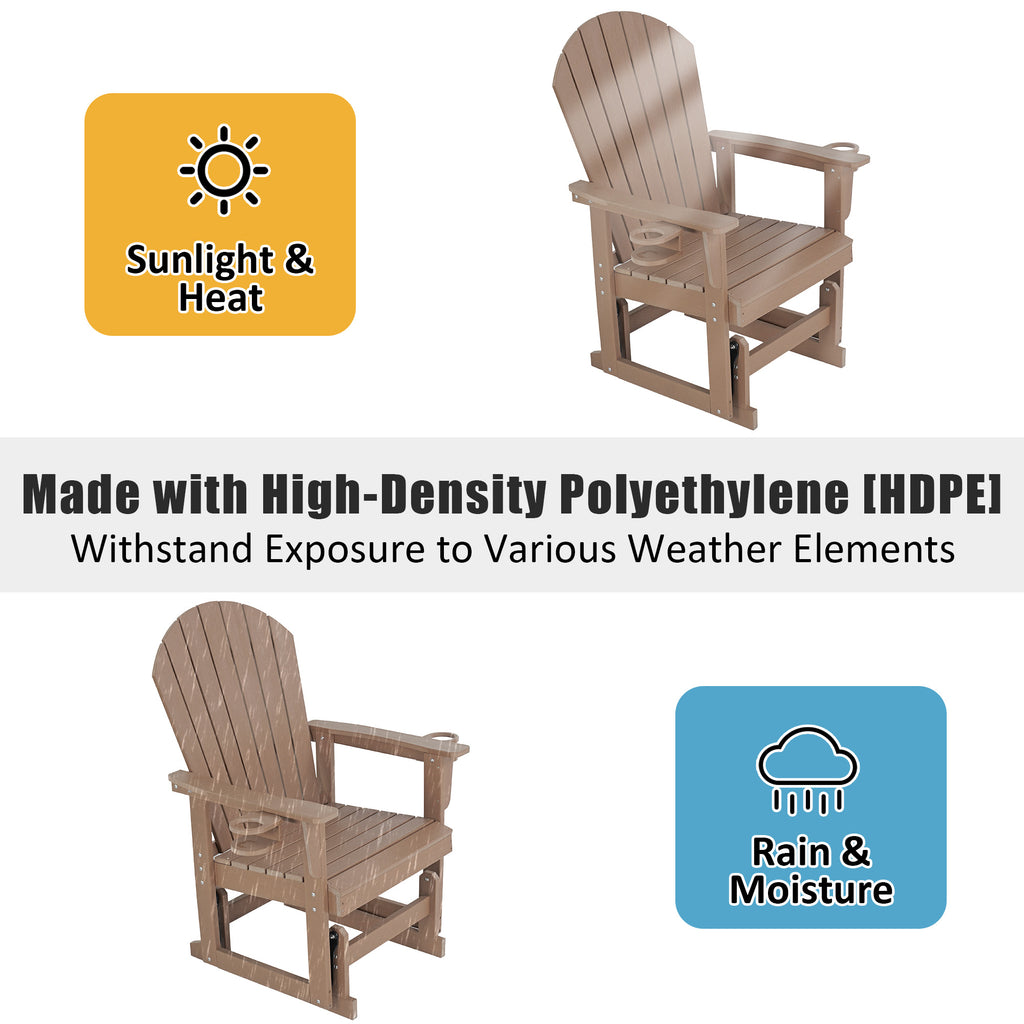HDPE Patio Glider with Cup Holders, Curved High Backrest and Deep Seat, All-Weather Resistant, Heavy Duty 500 Pounds (Brown, 1-Seat)