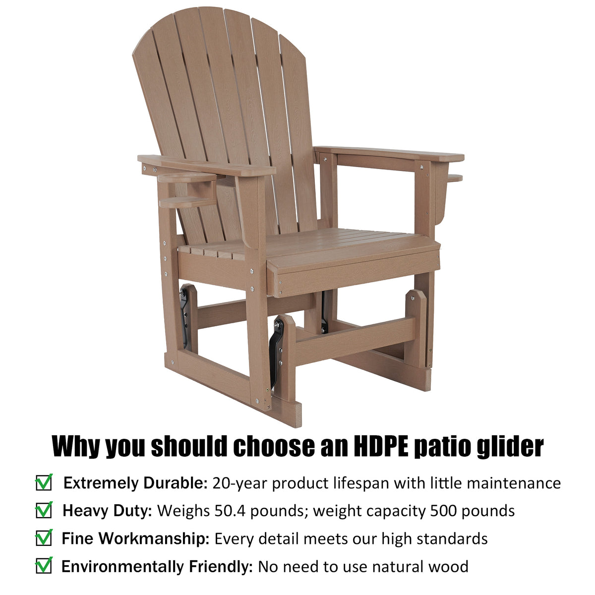 HDPE Patio Glider with Cup Holders, Curved High Backrest and Deep Seat, All-Weather Resistant, Heavy Duty 500 Pounds (Brown, 1-Seat)