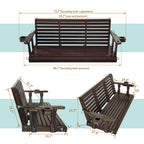 Fortune Candy Wooden Porch Swing 3-Seater, High Backrest and Deep Seat, Bench Swing with Cupholders, Hanging Chains and 7mm Springs, Heavy Duty 880 LBS (Deep Brown, 5 FT Extra Large)