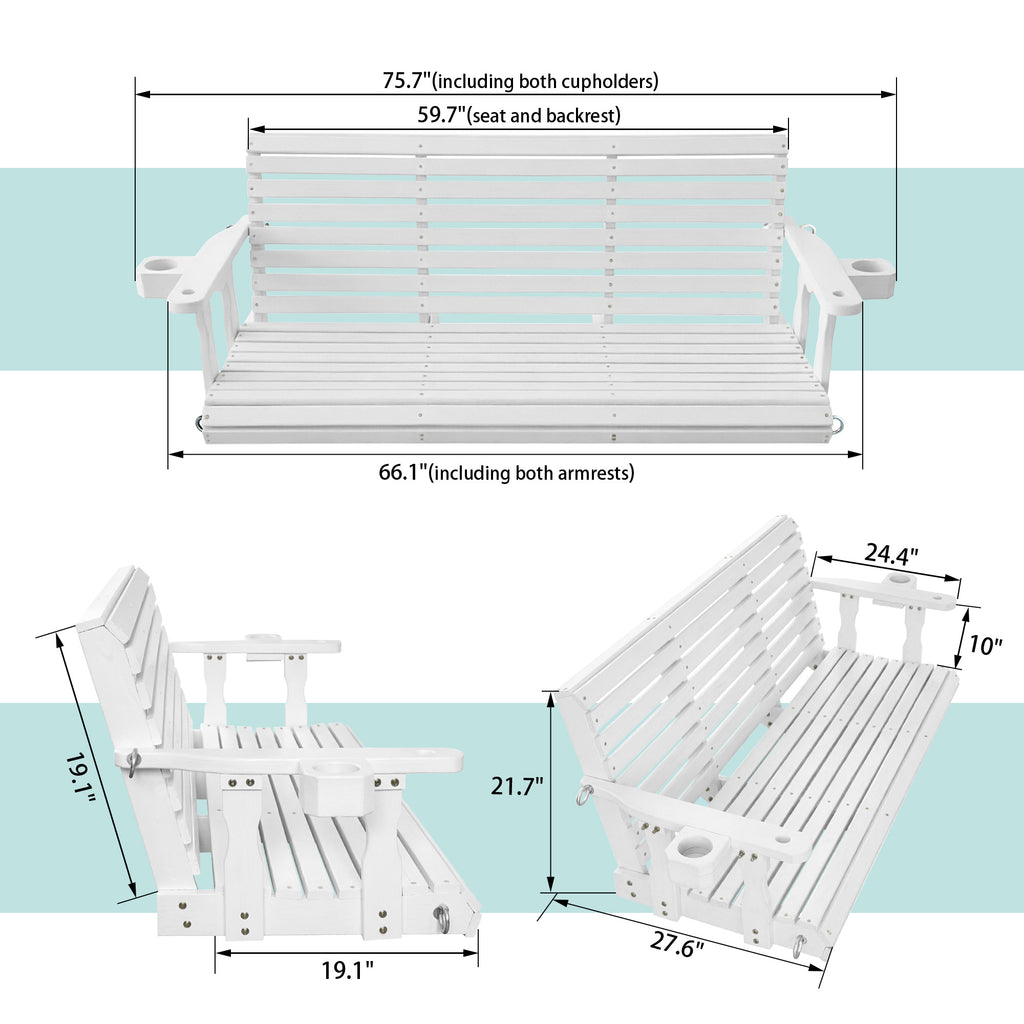 Fortune Candy Extended 3-Seater Wooden Porch Swing with Seat Cushion, Cup Holders, Hanging Chains and 7mm Springs, Heavy Duty 880 LBS (White, 5.5 FT)