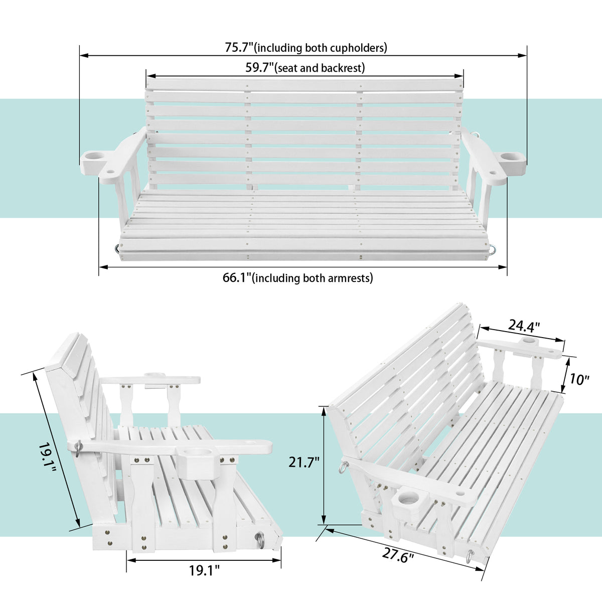 Fortune Candy Extended 3-Seater Wooden Porch Swing with Seat Cushion, Cup Holders, Hanging Chains and 7mm Springs, Heavy Duty 880 LBS (White, 5.5 FT)