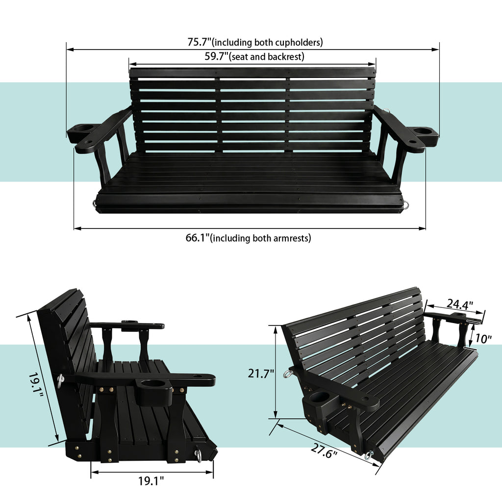 Fortune Candy Extended 3-Seater Wooden Porch Swing with Seat Cushion, Cup Holders, Hanging Chains and 7mm Springs, Heavy Duty 880 LBS (Black, 5.5 FT)