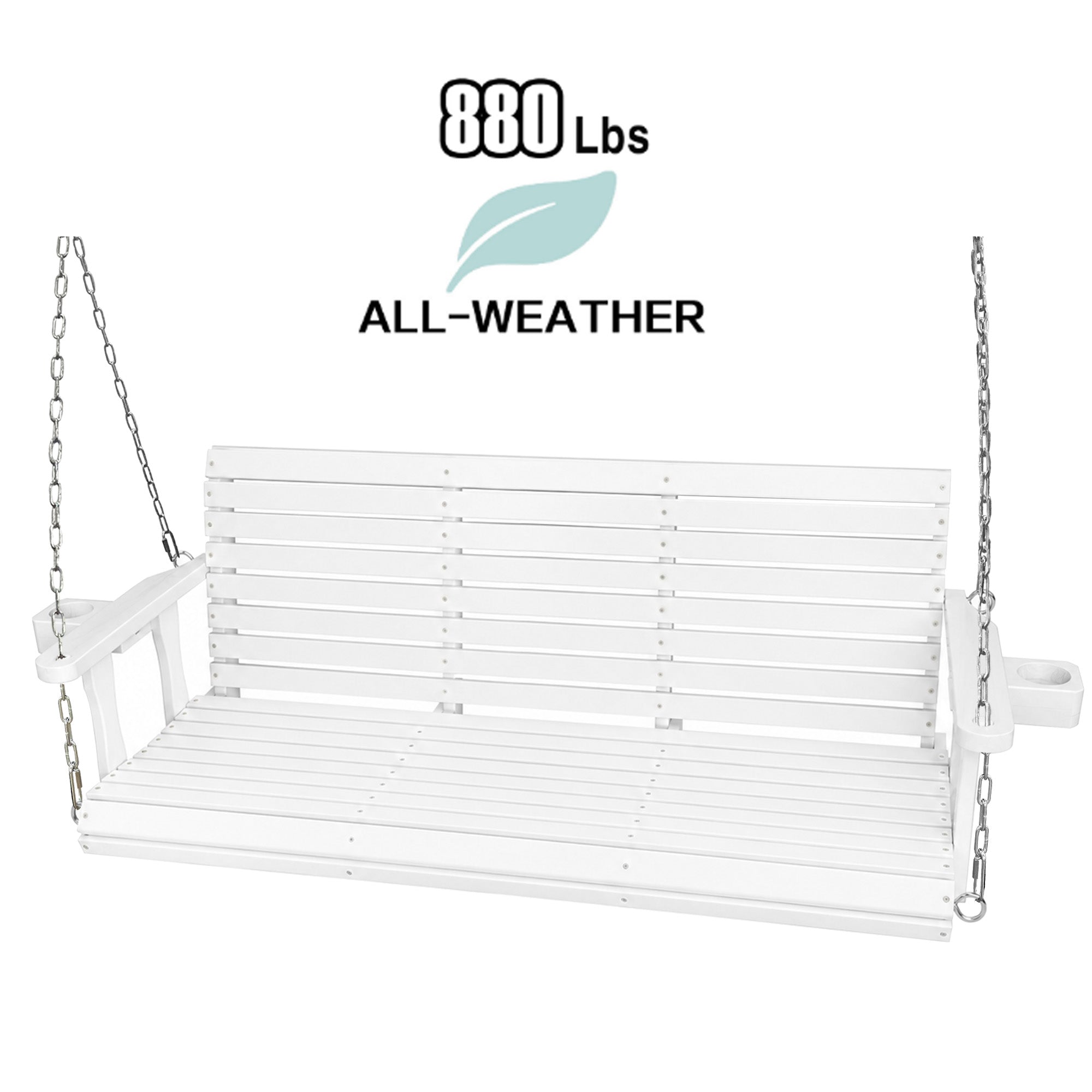 Fortune Candy Extended 3-Seater Wooden Porch Swing with Seat Cushion, Cup Holders, Hanging Chains and 7mm Springs, Heavy Duty 880 LBS (White, 5.5 FT)