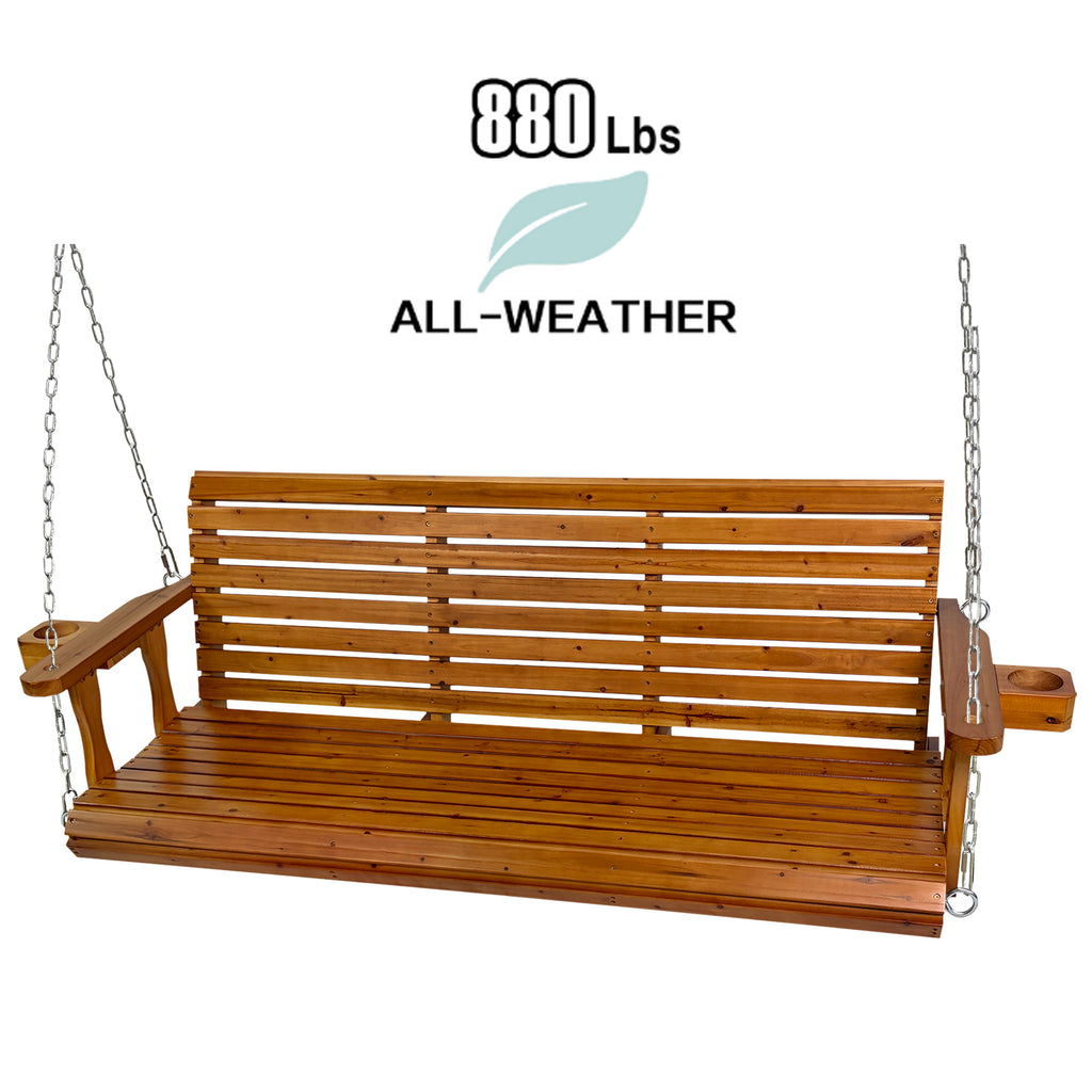 Fortune Candy Extended 3-Seater Wooden Porch Swing with Seat Cushion, Cup Holders, Hanging Chains and 7mm Springs, Heavy Duty 880 LBS (Warm Teak, 5.5 FT)